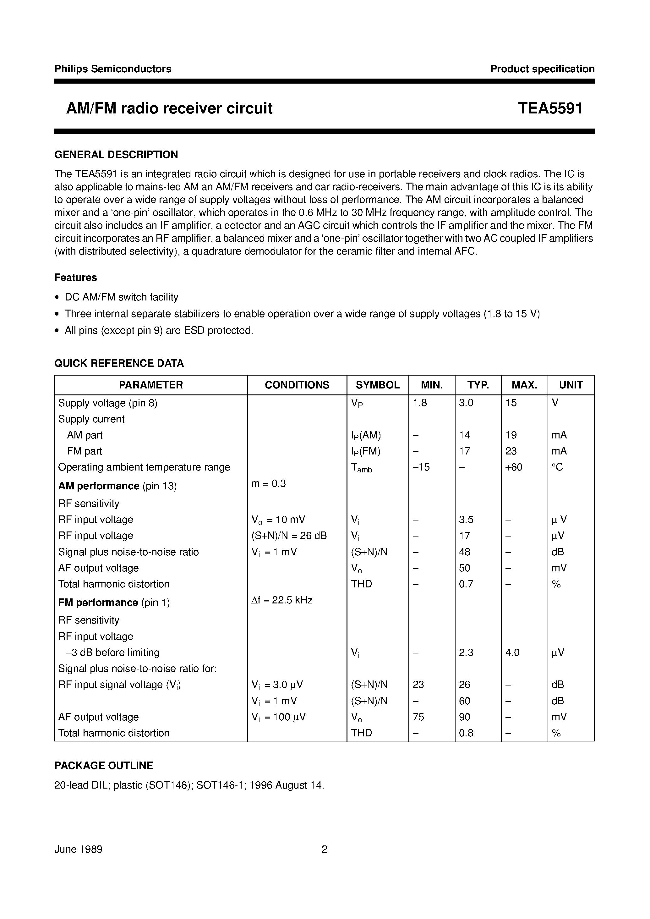 Datasheet TEA5591 - AM/FM radio receiver circuit page 2