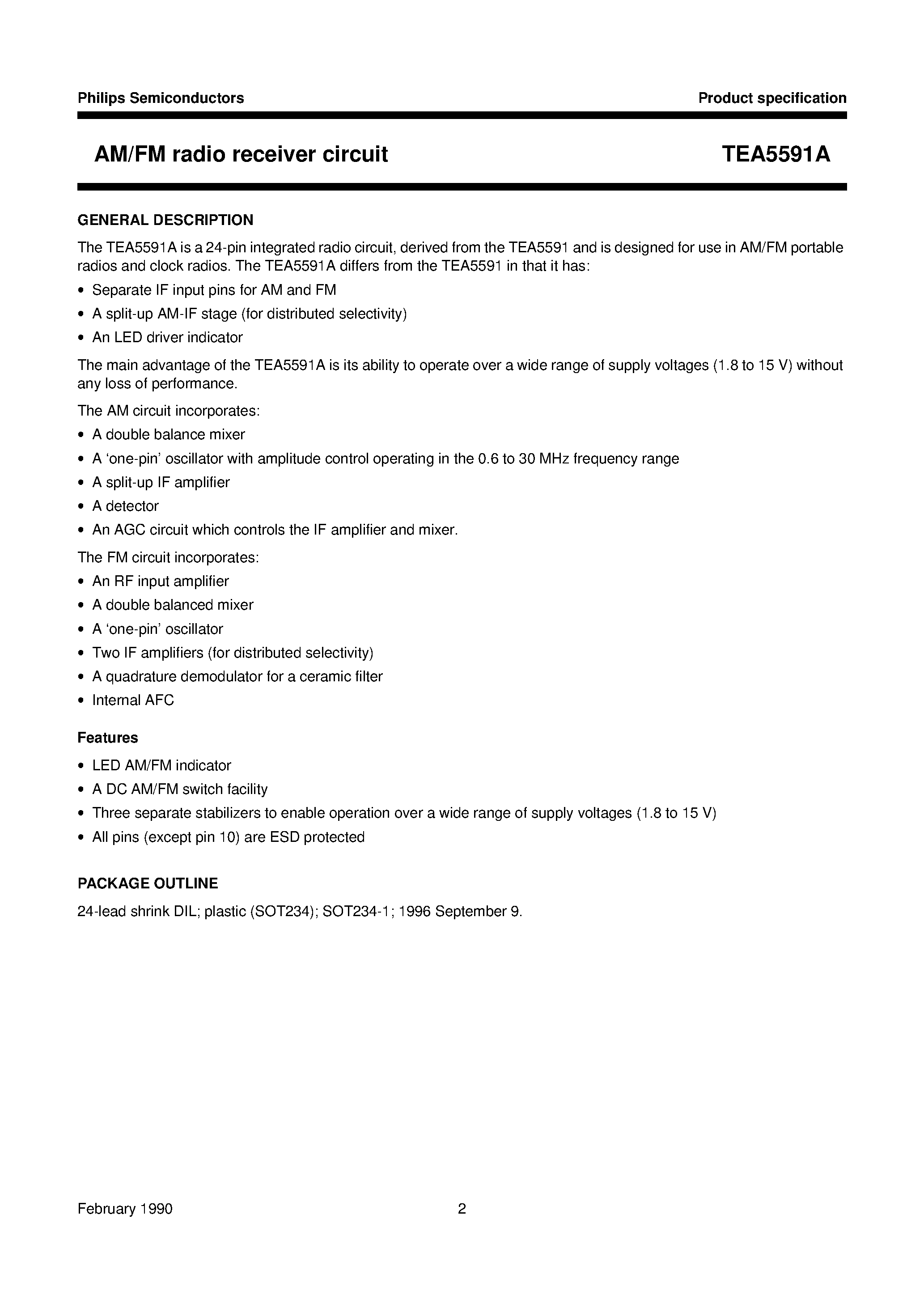 Даташит TEA5591A - AM/FM radio receiver circuit страница 2