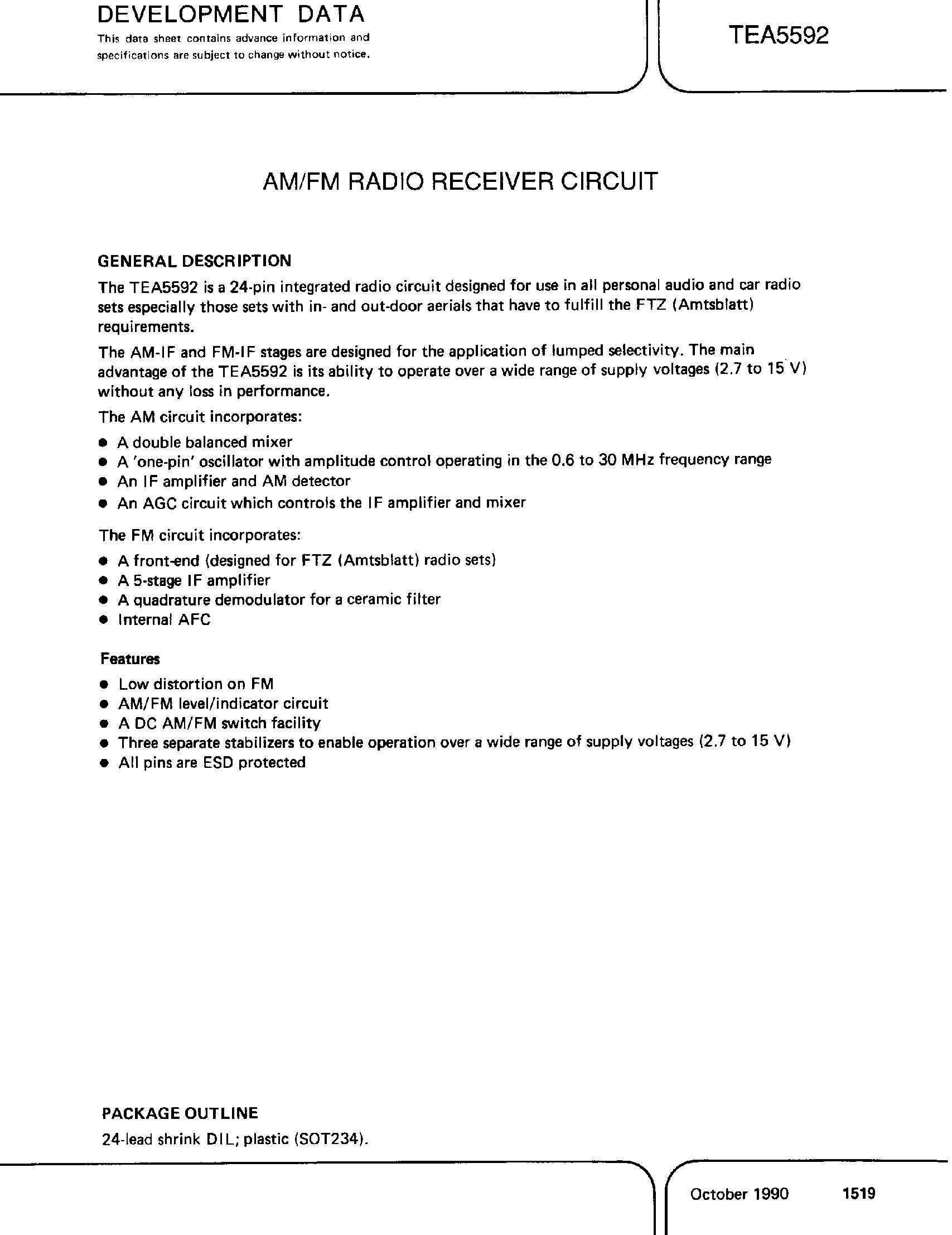 Даташит TEA5592 - AM/FM radio receiver circuit страница 1
