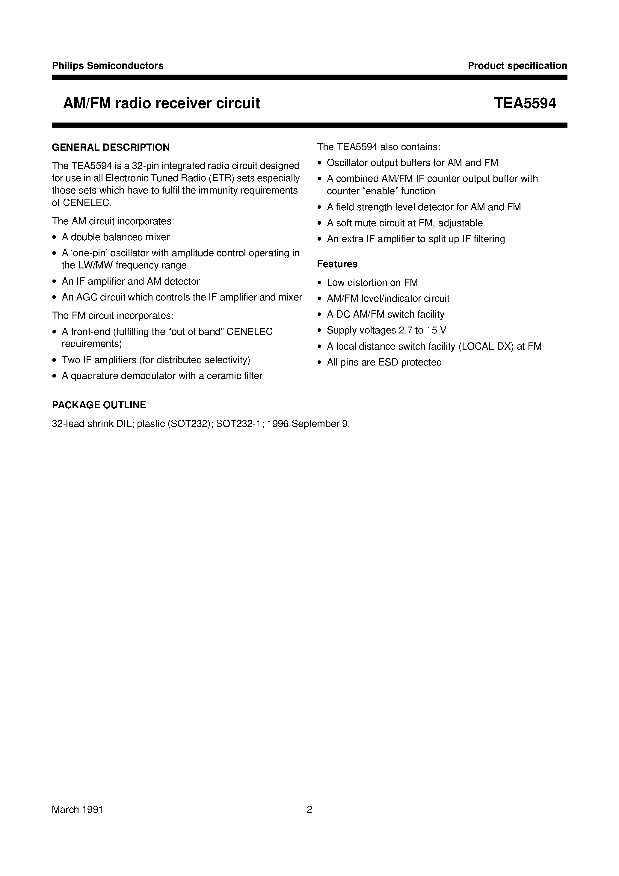 Даташит TEA5594 - AM/FM radio receiver circuit страница 2