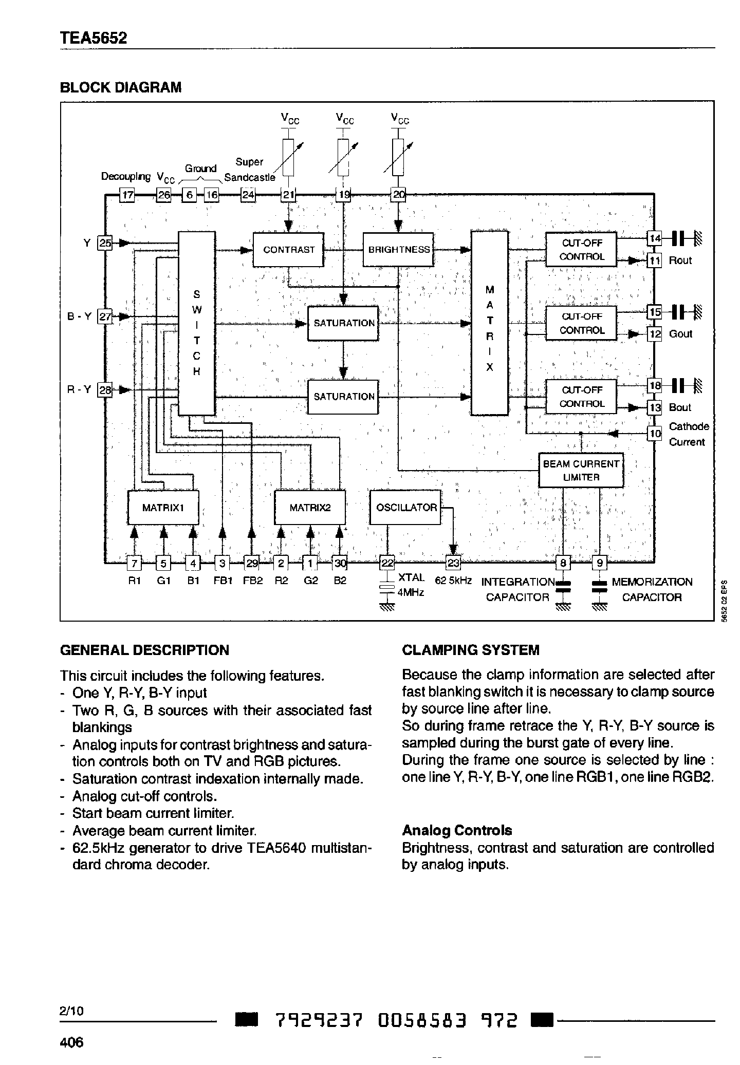 Даташит на микросхему TEA5652 страница 2 Даташит TEA5652 - WIDE BAND VIDEO PROCESSOR страница 2