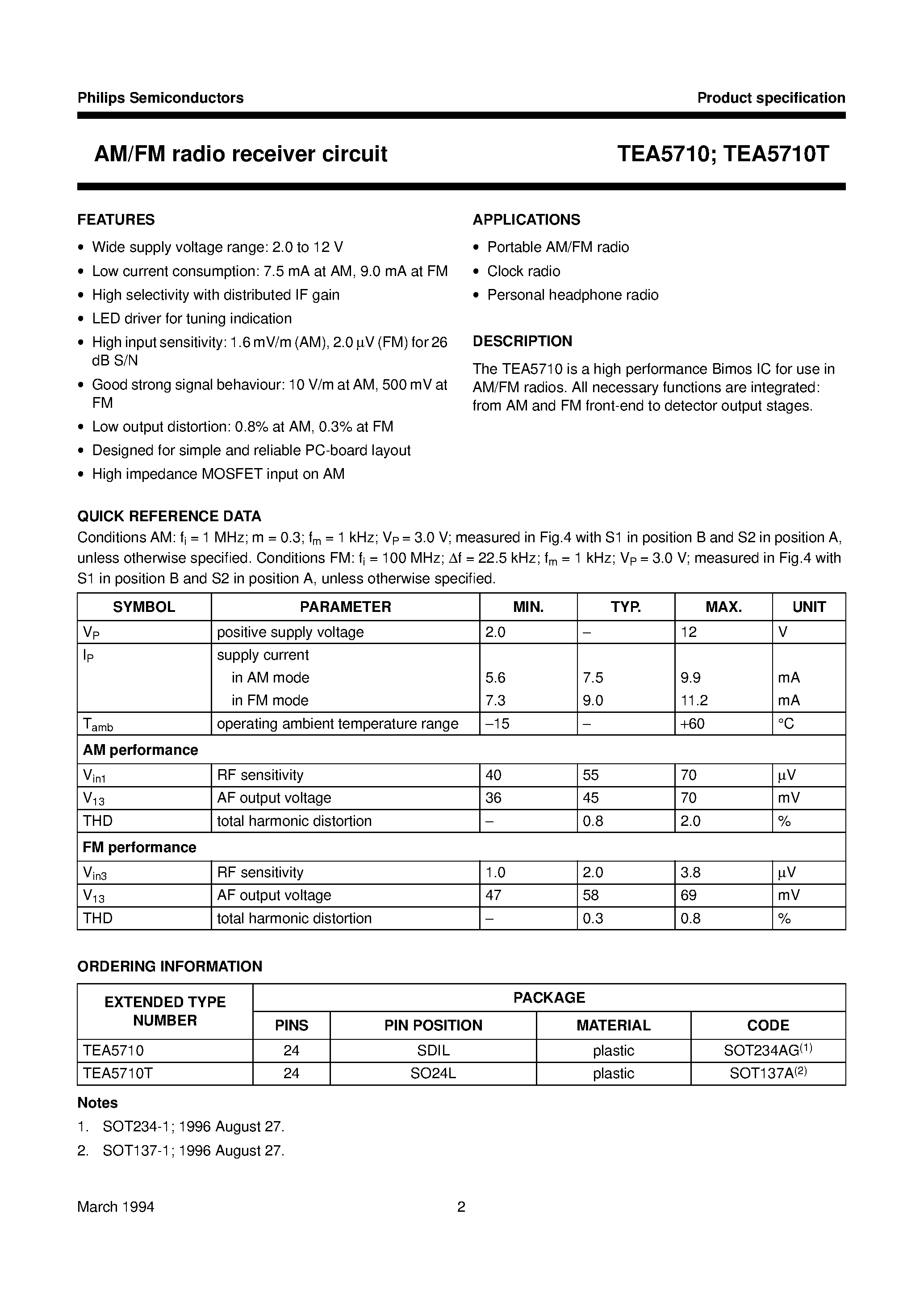 Даташит на микросхему TEA5710 страница 2 Даташит TEA5710 - AM/FM radio receiver circuit страница 2