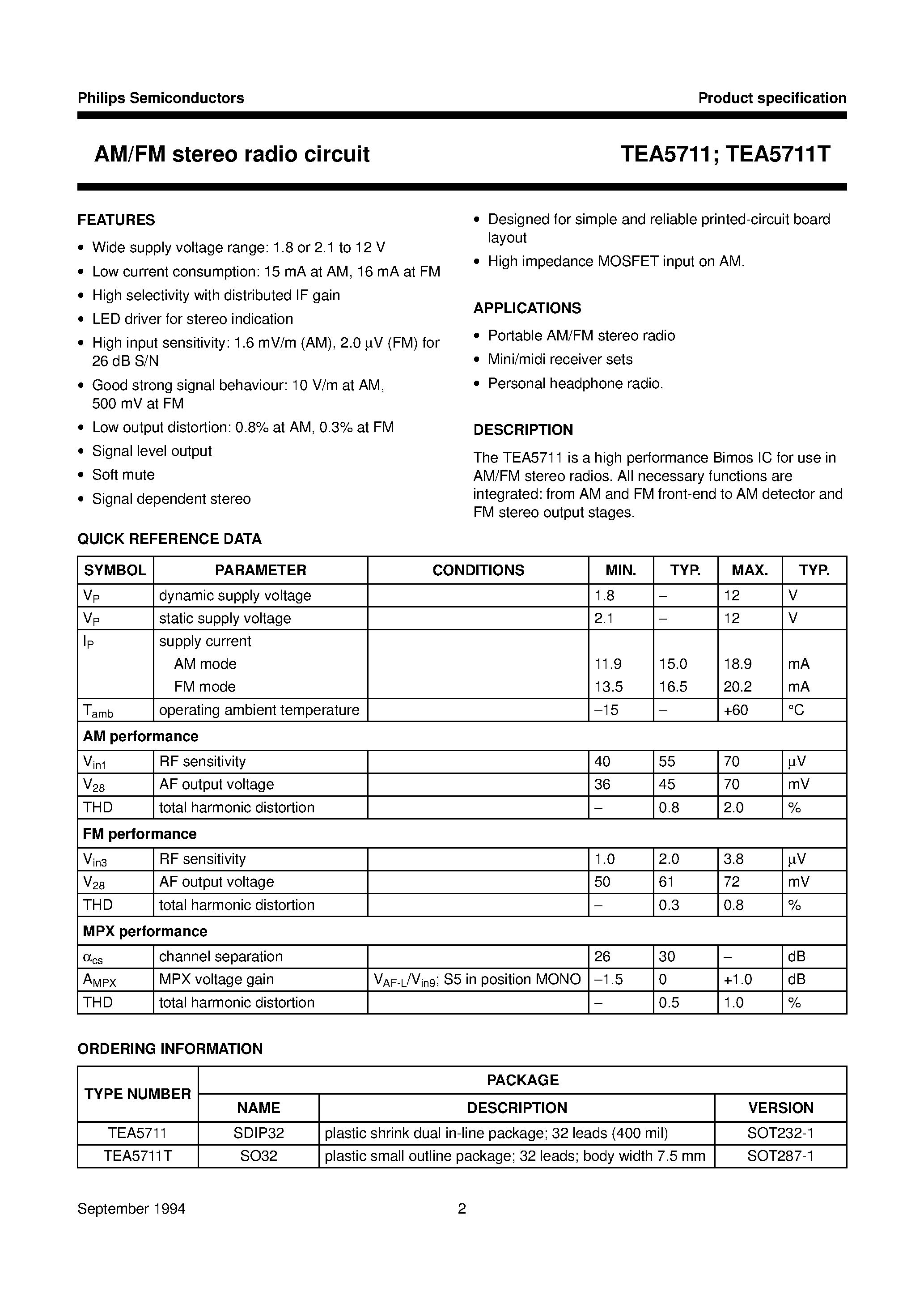 Даташит на микросхему TEA5711T страница 2 Даташит TEA5711T - AM/FM stereo radio circuit страница 2