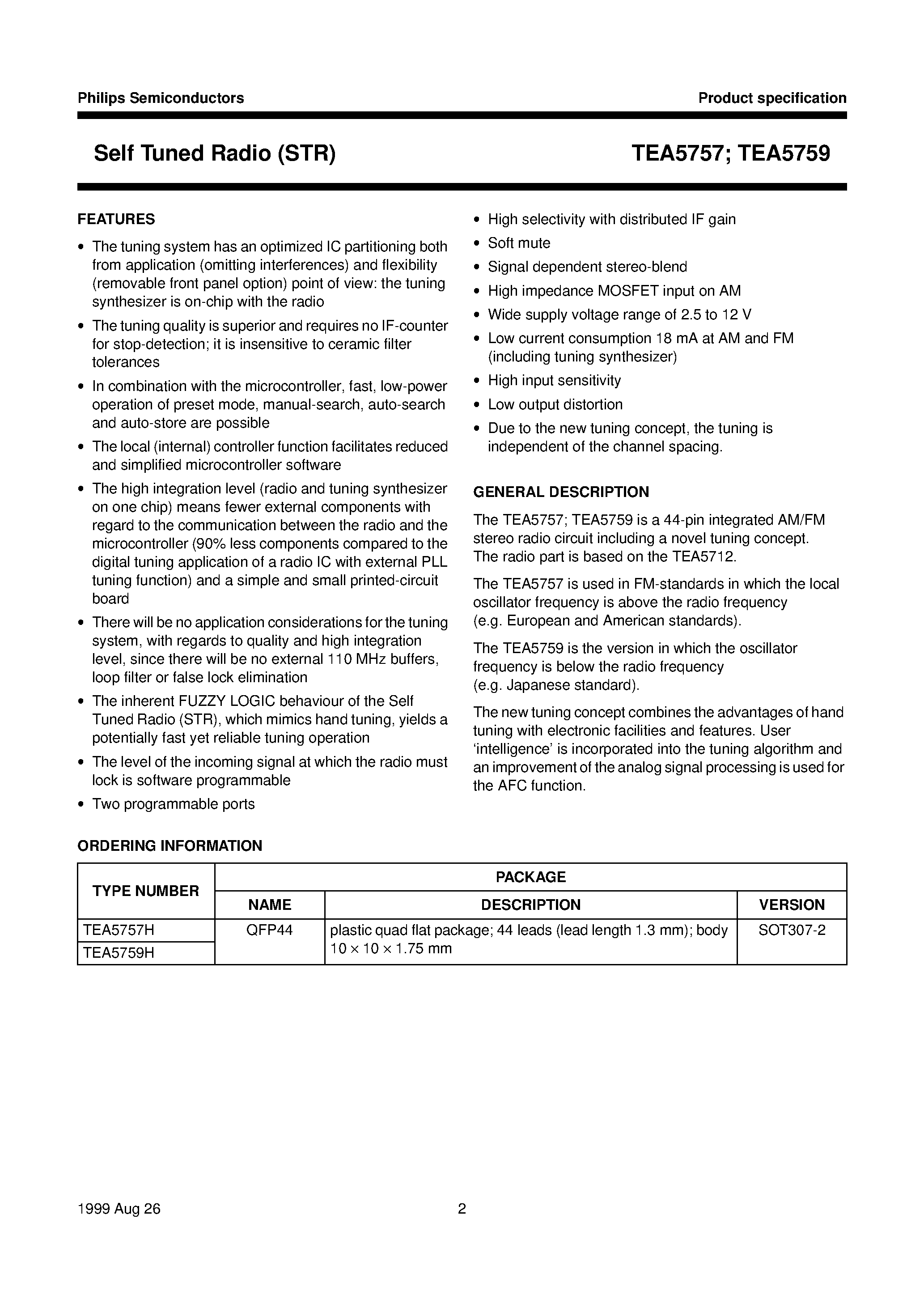 Даташит на микросхему TEA5759H страница 2 Даташит TEA5759H - Self Tuned Radio STR страница 2