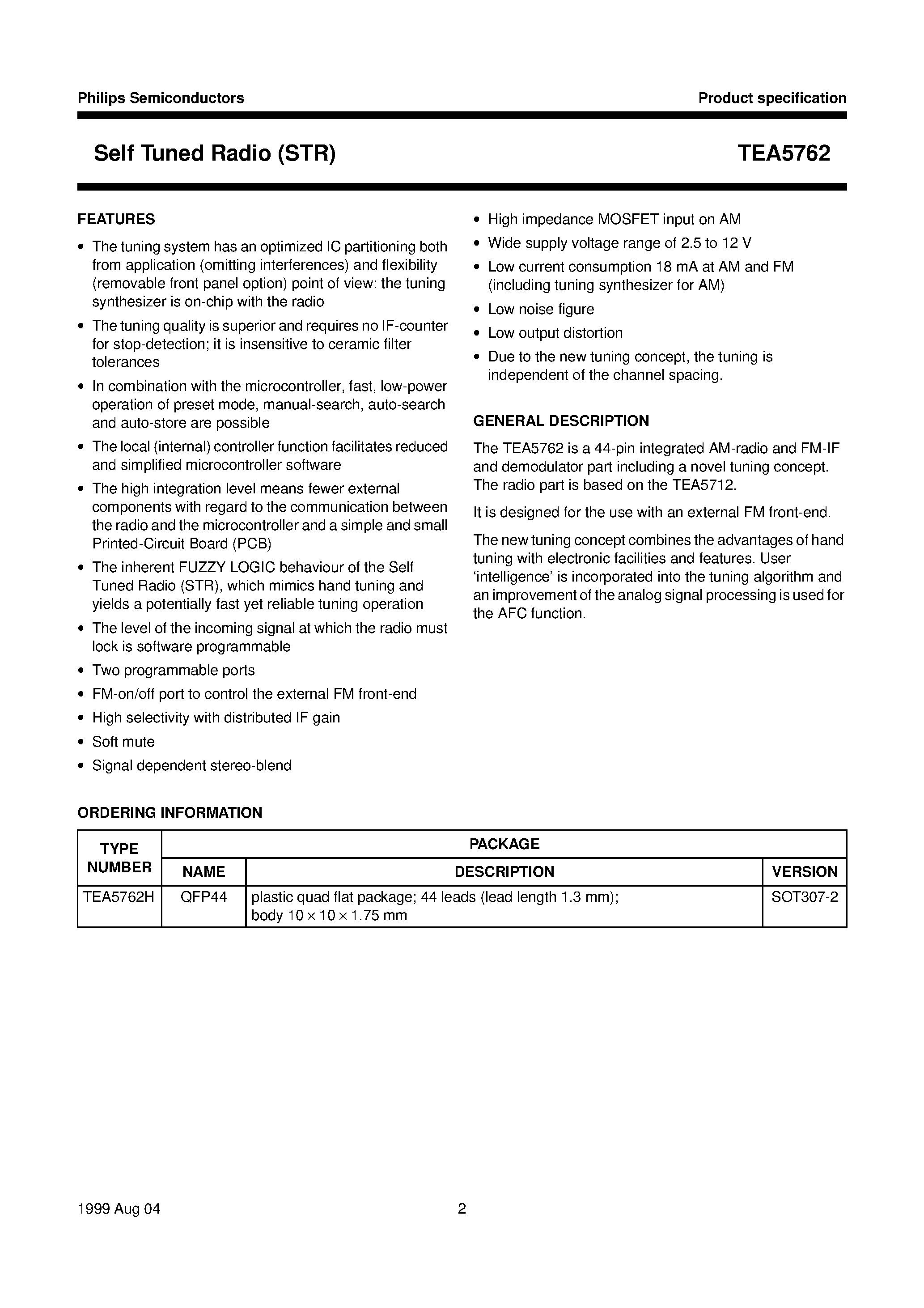 Даташит TEA5762 - Self Tuned Radio STR страница 2