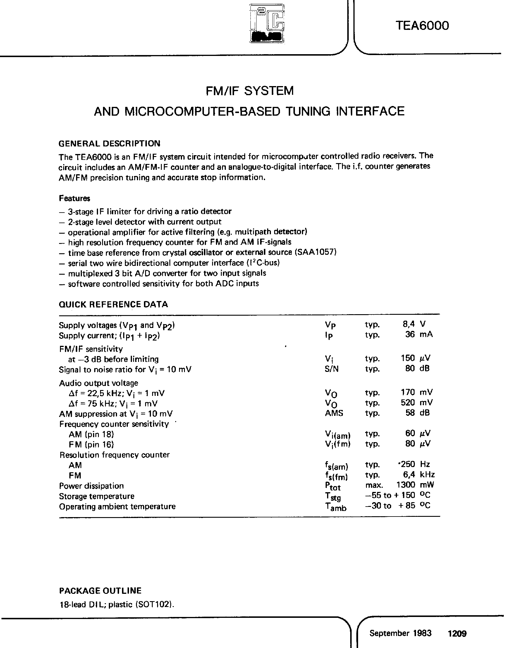 Даташит TEA6000 - FM/IF SYSTEM AND MICROCOMPUTER-BASED TUNING INTERFACE страница 1