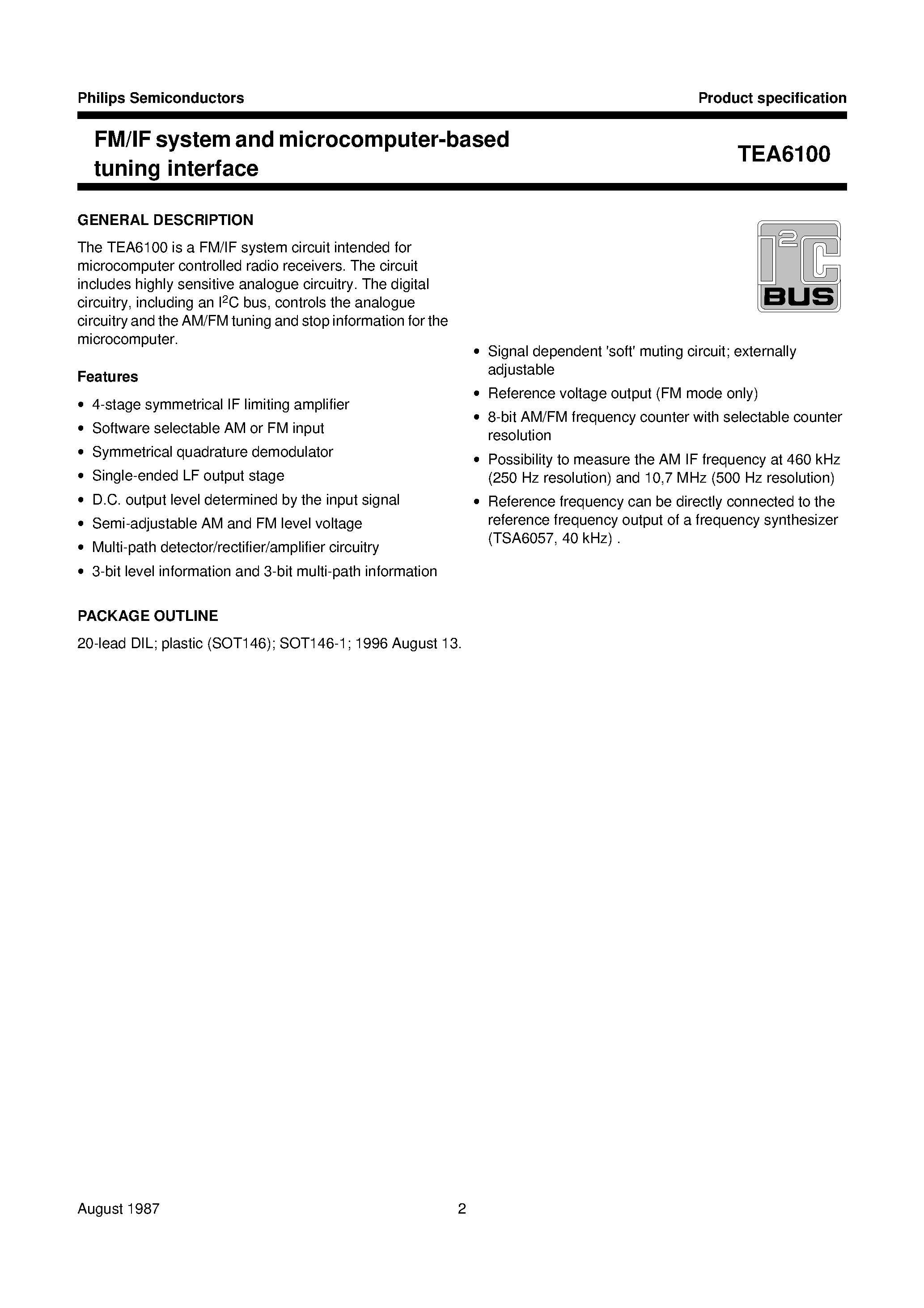 Даташит TEA6100 - FM/IF system and microcomputer-based tuning interface страница 2