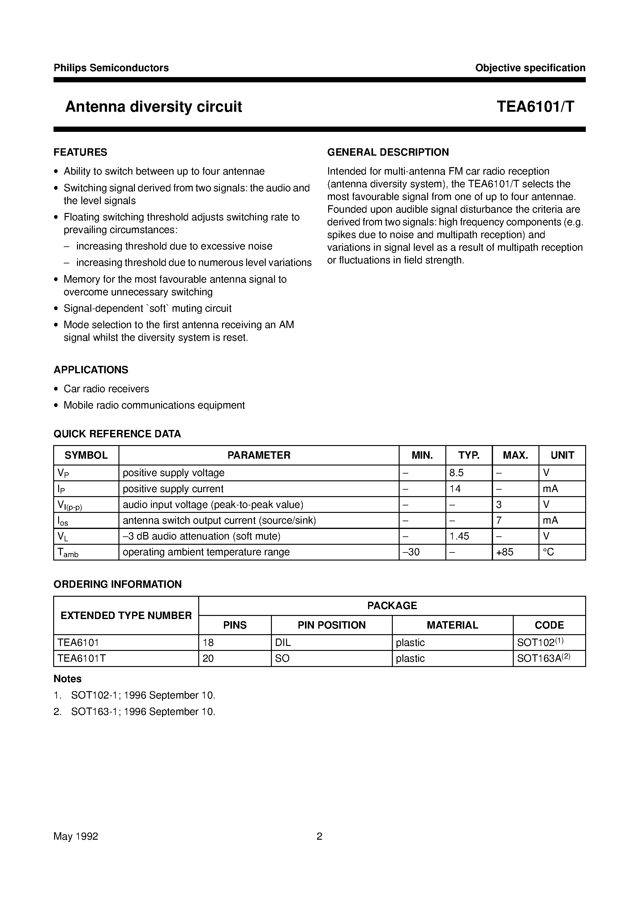 Даташит TEA6101T - Antenna diversity circuit страница 2