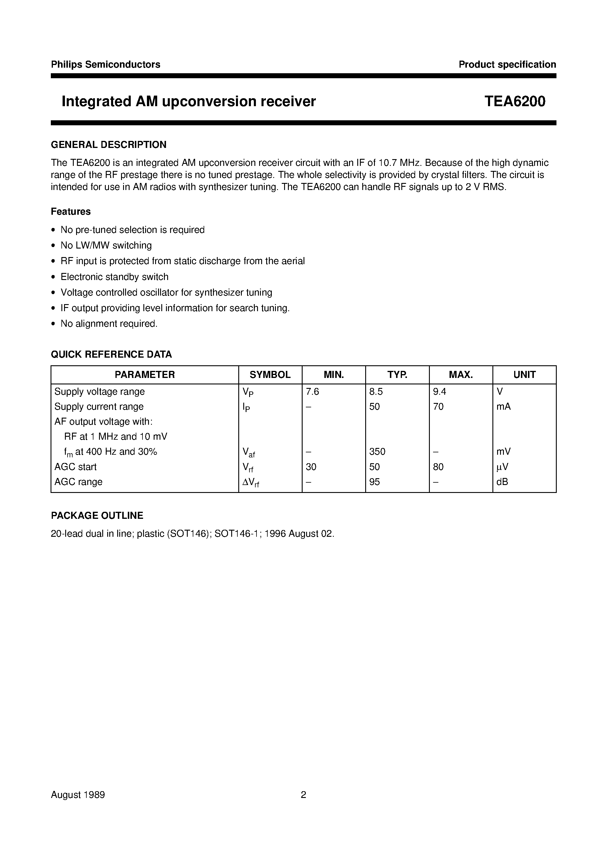 Даташит TEA6200 - Integrated AM upconversion receiver страница 2