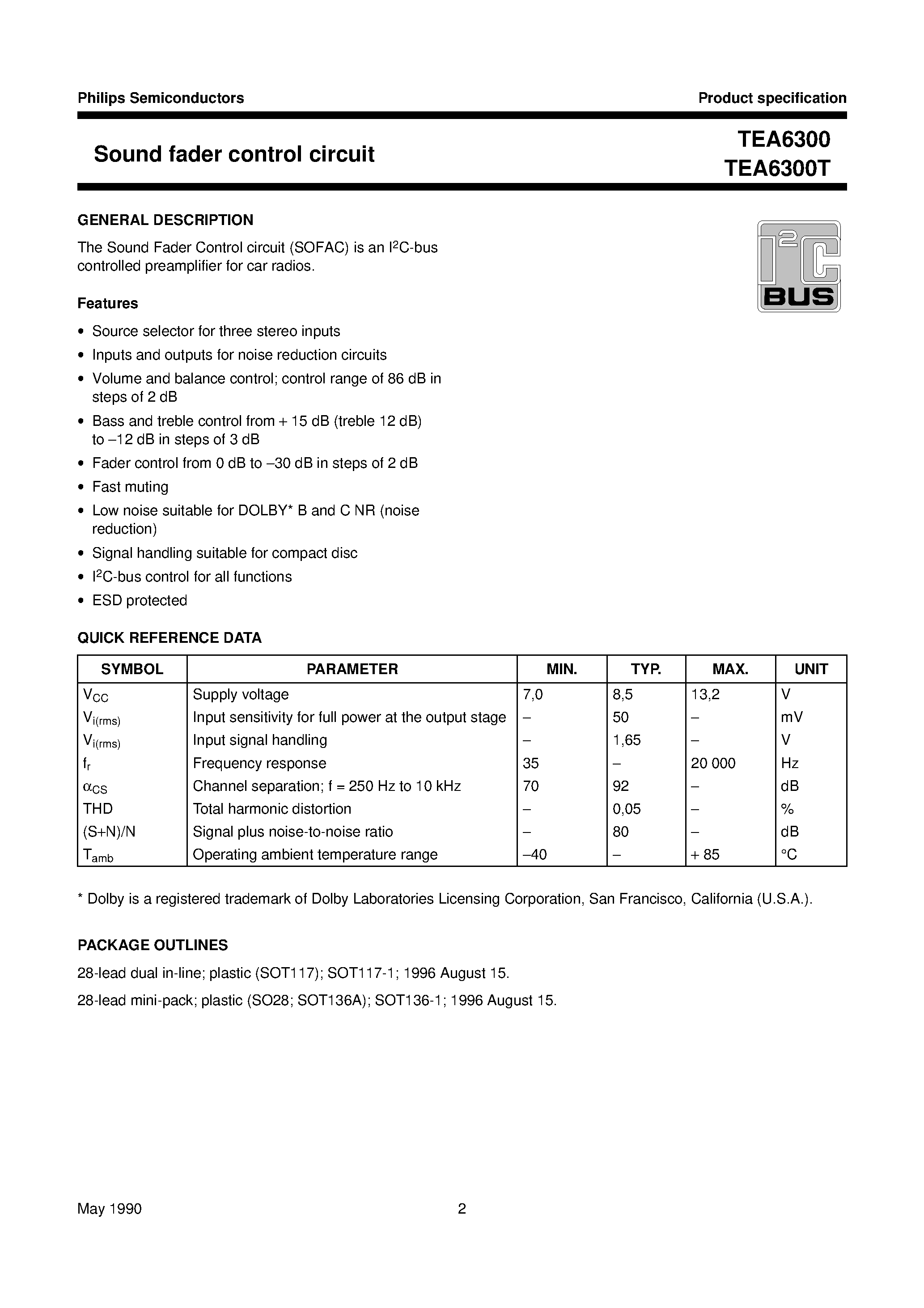 Datasheet TEA6300T - Sound fader control circuit page 2