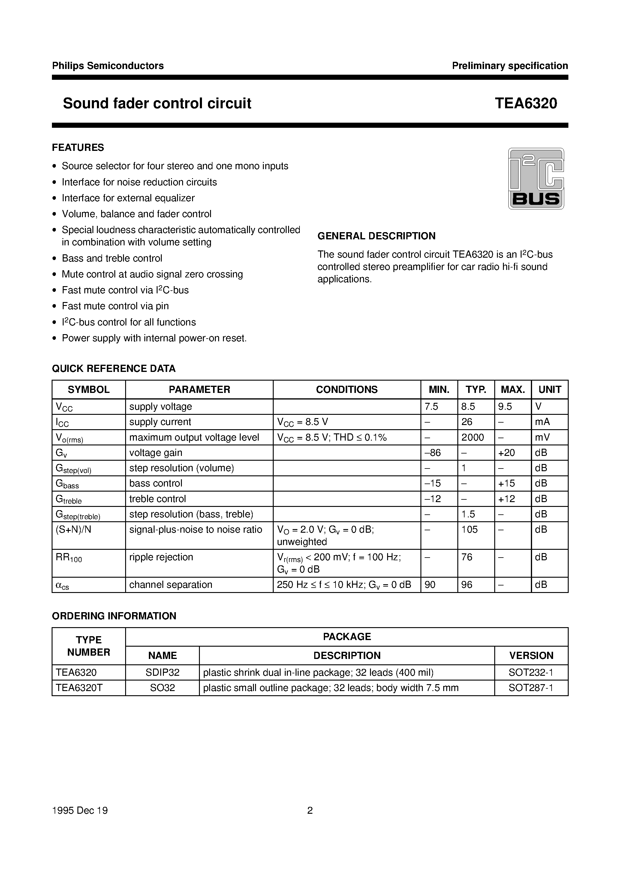 Datasheet TEA6320 - Sound fader control circuit page 2