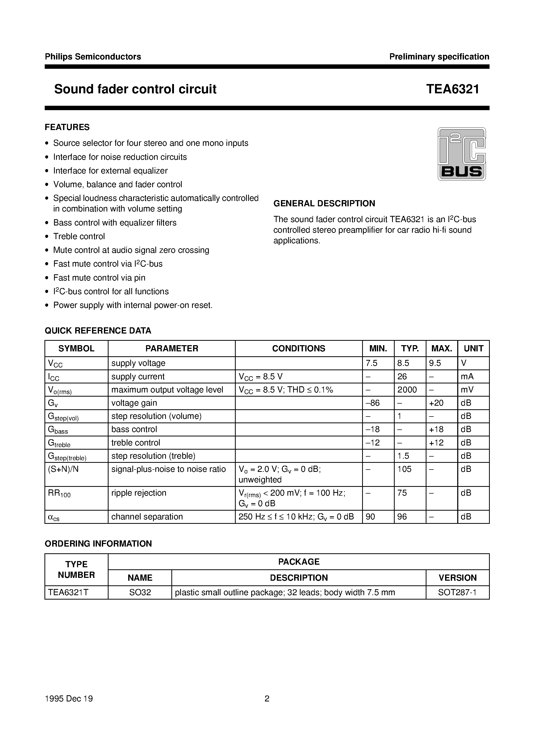 Даташит TEA6321 - Sound fader control circuit страница 2