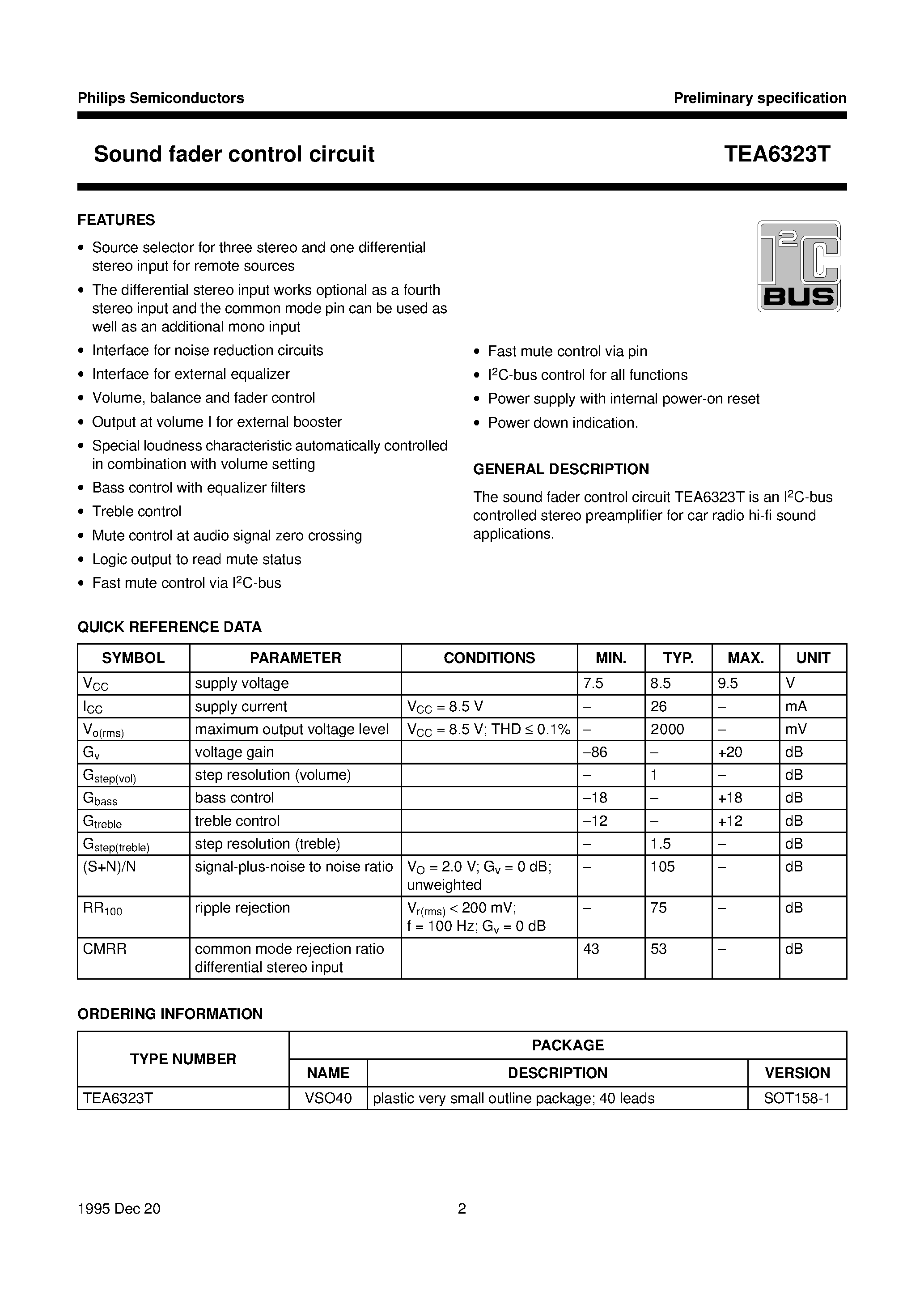 Datasheet TEA6323 - Sound fader control circuit page 2