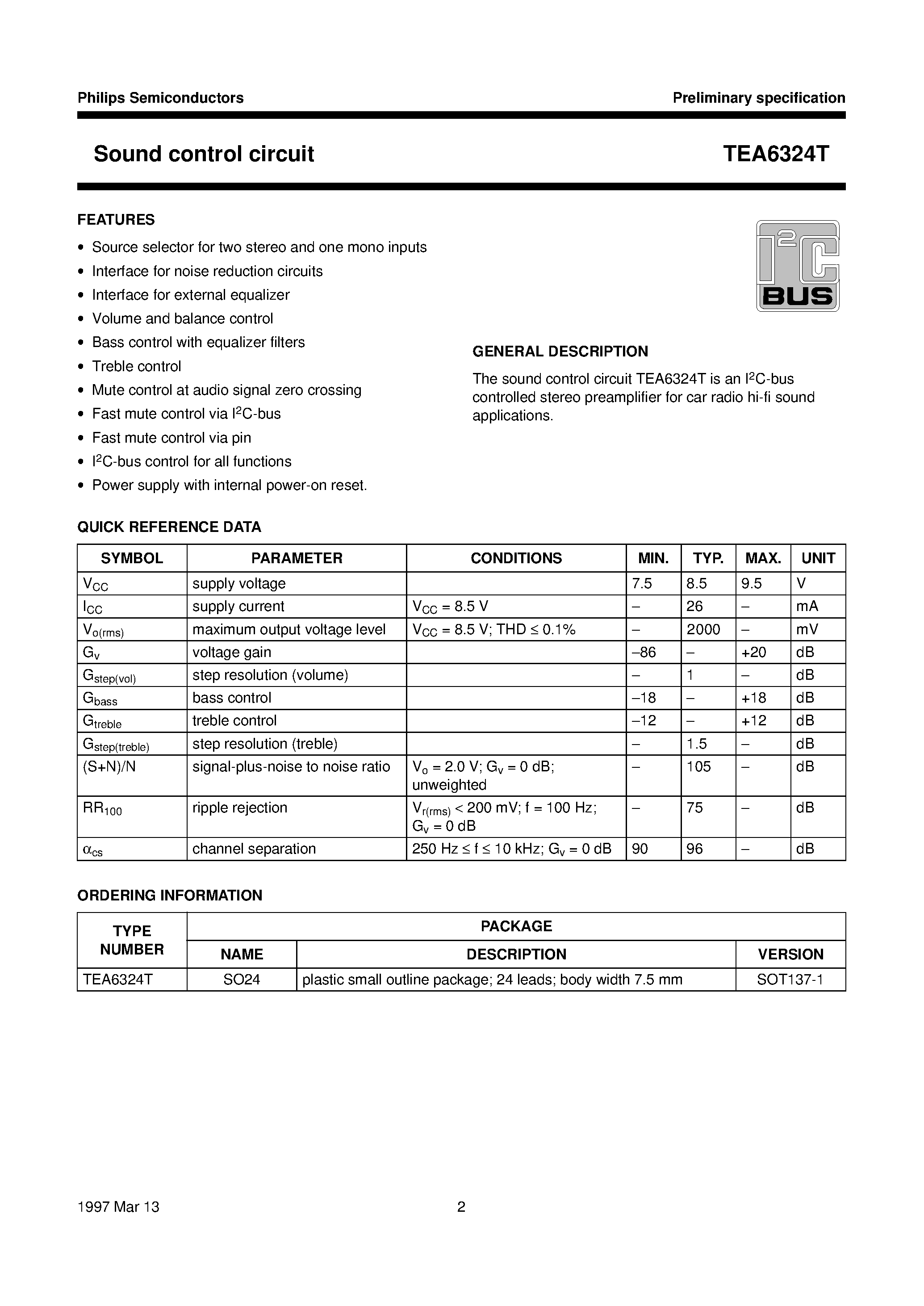Datasheet TEA6324T - Sound control circuit page 2