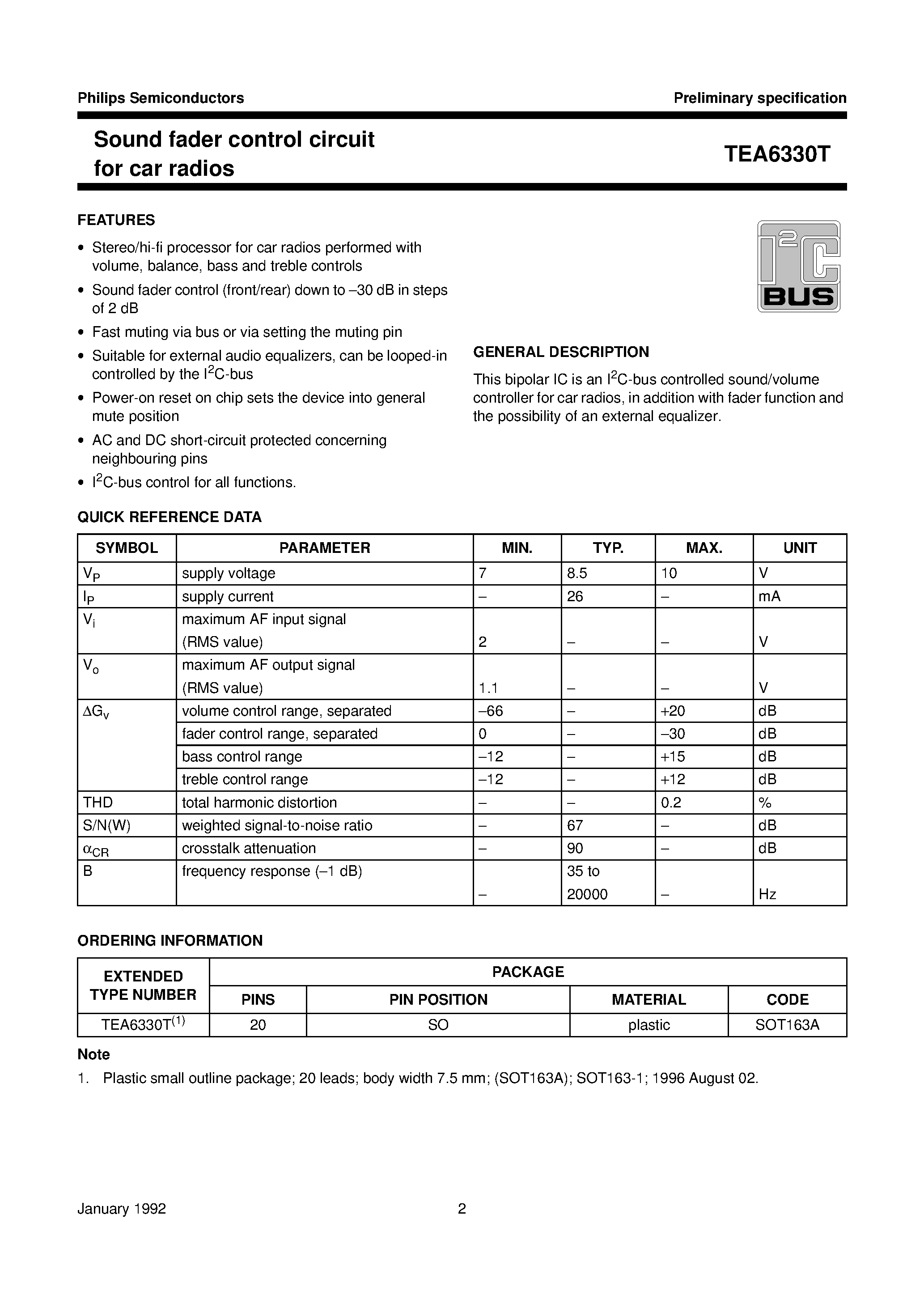 Даташит на микросхему TEA6330T страница 2 Даташит TEA6330T - Sound fader control circuit for car radios страница 2
