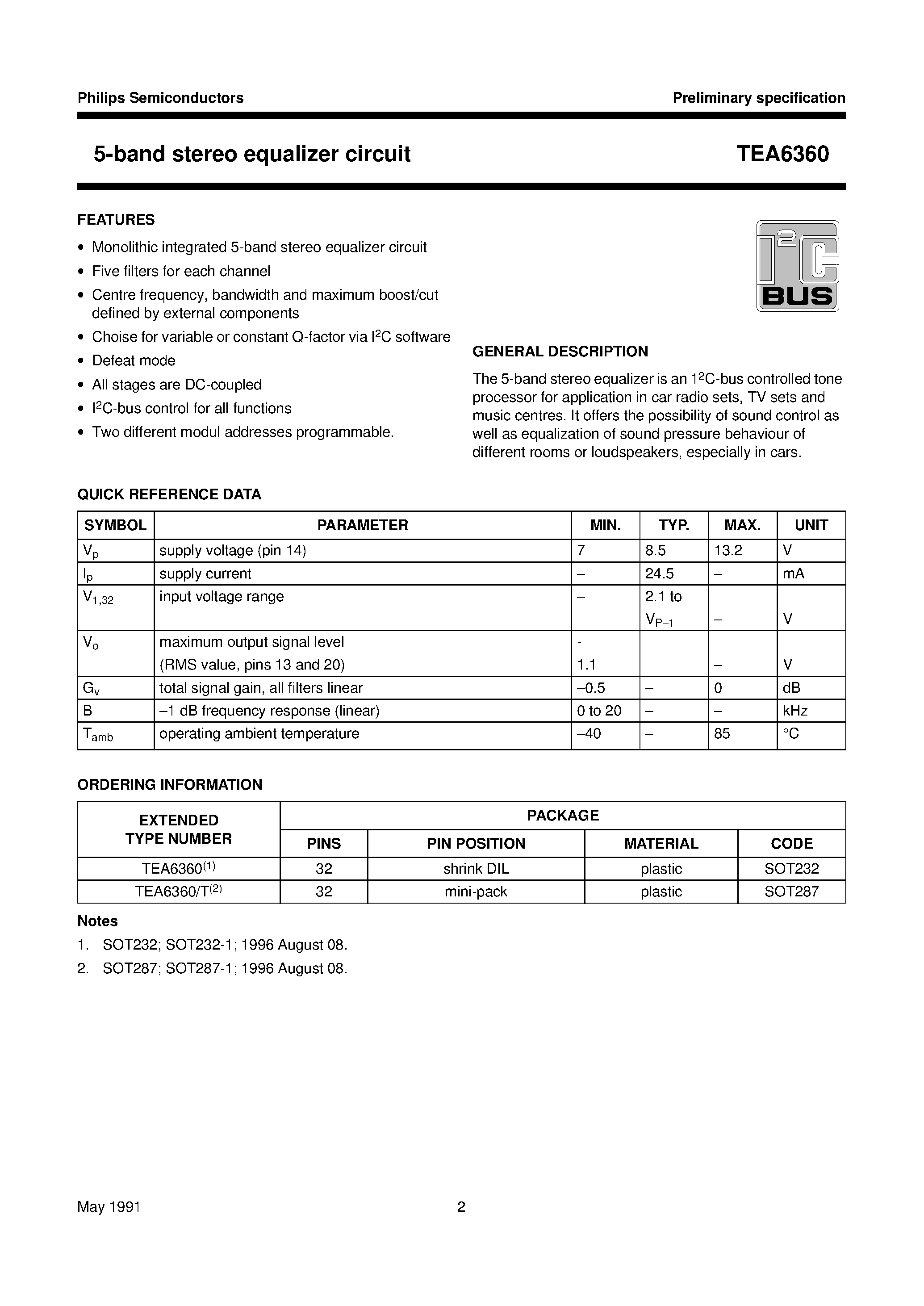 Datasheet TEA6360T - 5-band stereo equalizer circuit page 2