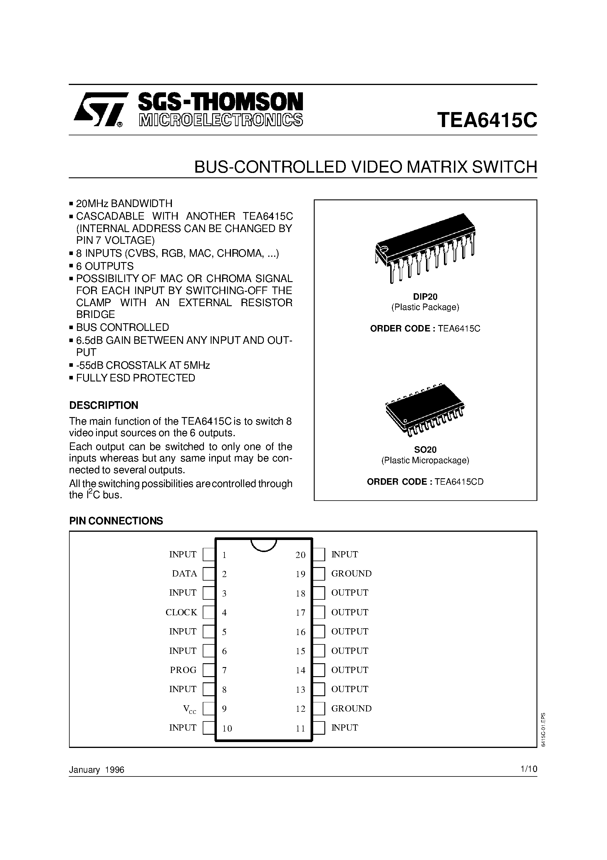 Datasheet TEA6415C page 1 Datasheet TEA6415C - BUS-CONTROLLED VIDEO MATRIX SWITCH page 1