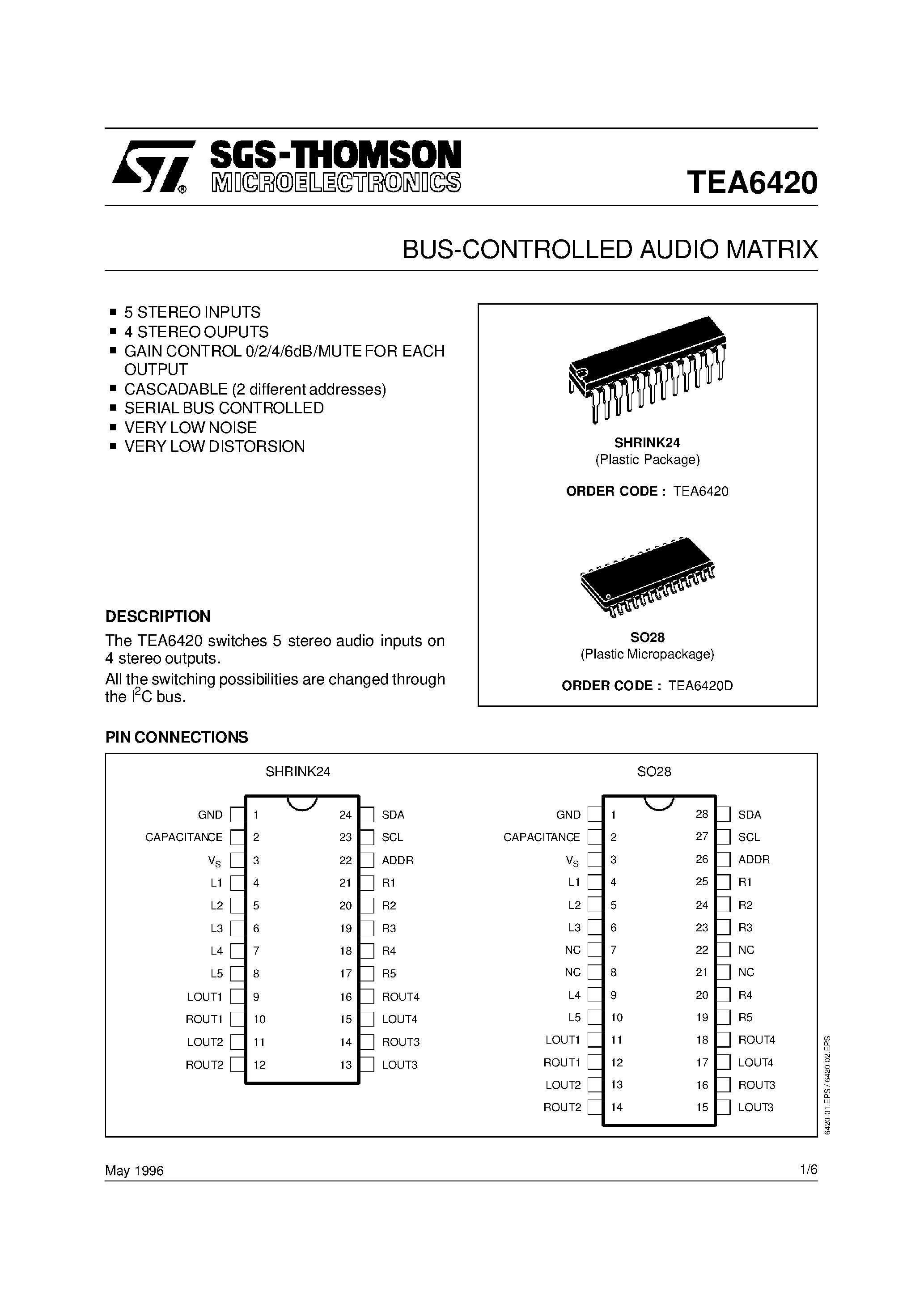 Datasheet TEA6420D page 1 Datasheet TEA6420D - BUS-CONTROLLED AUDIO MATRIX page 1