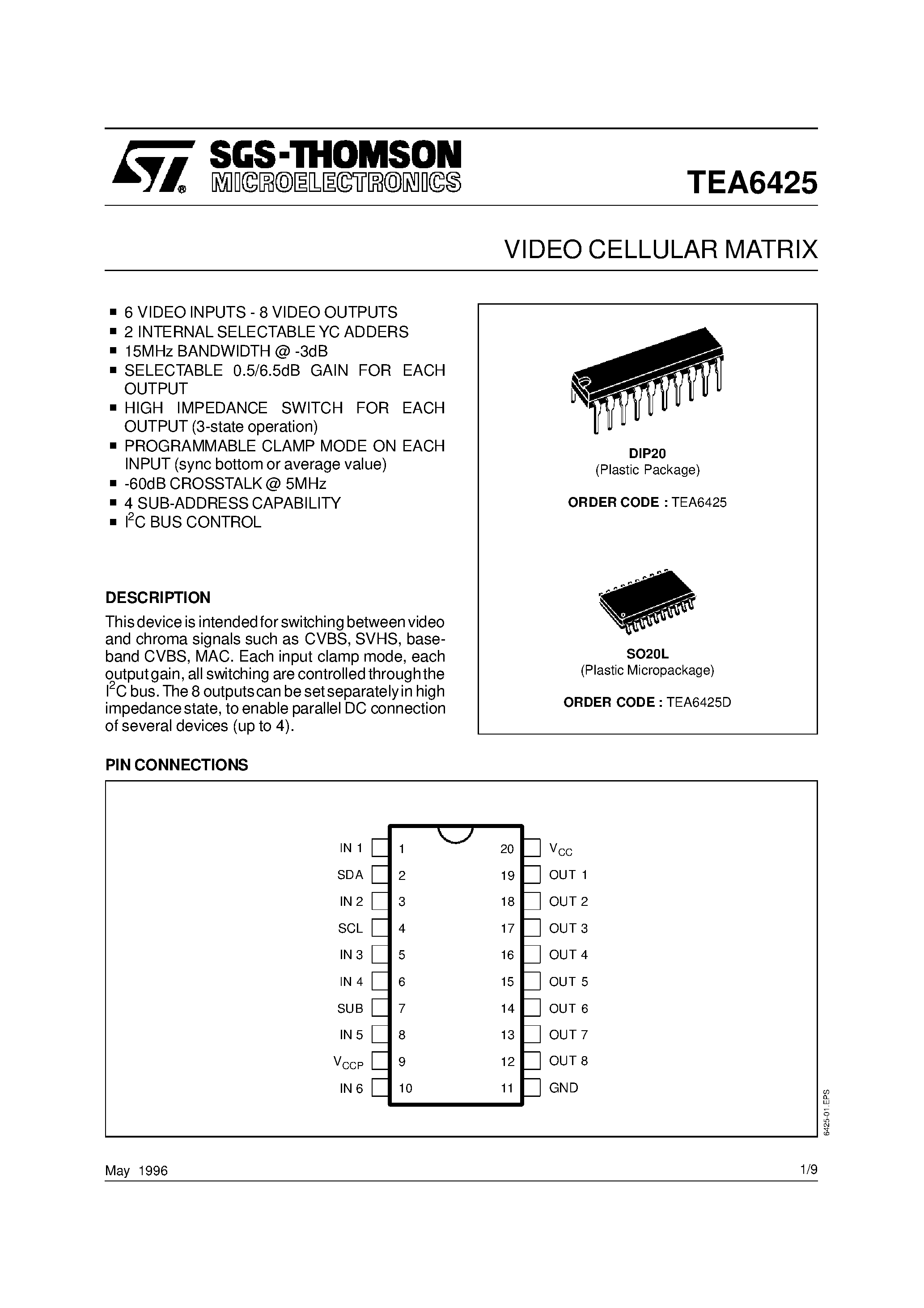 Datasheet TEA6425 page 1 Datasheet TEA6425 - VIDEO CELLULAR MATRIX page 1