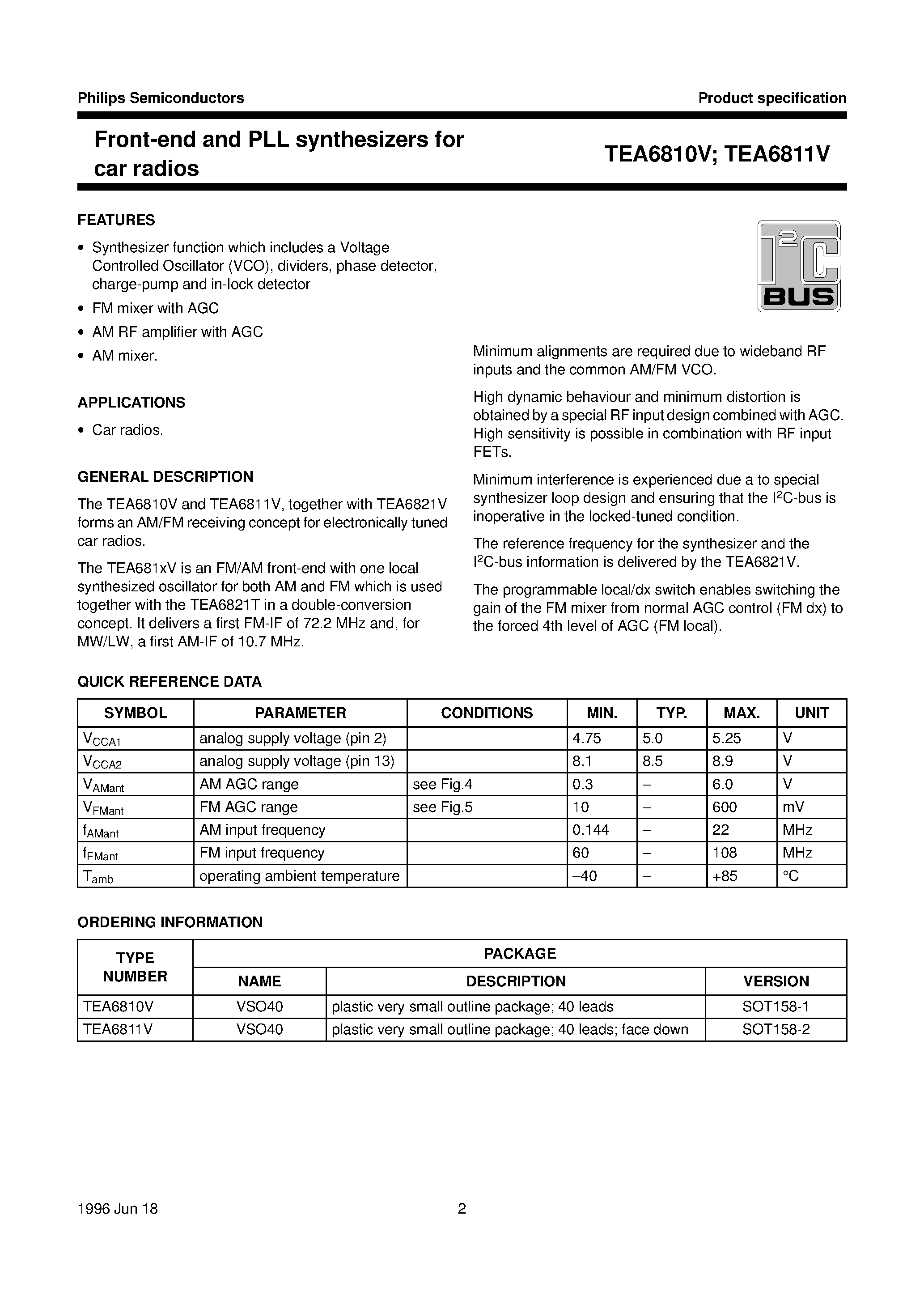 Datasheet TEA6811V page 2 Datasheet TEA6811V - Front-end and PLL synthesizers for car radios page 2
