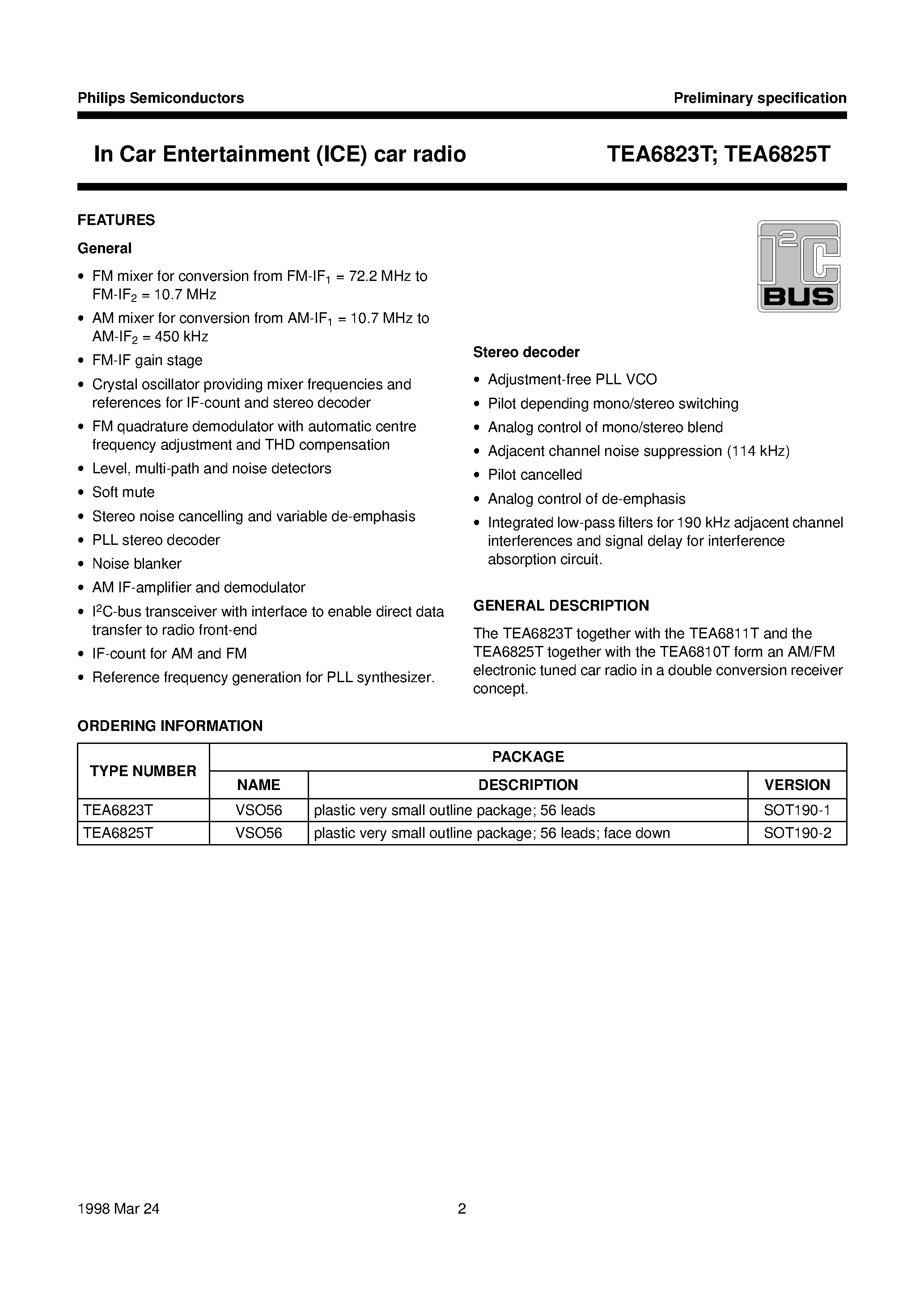 Datasheet TEA6823 page 2 Datasheet TEA6823 - In Car Entertainment ICE car radio page 2