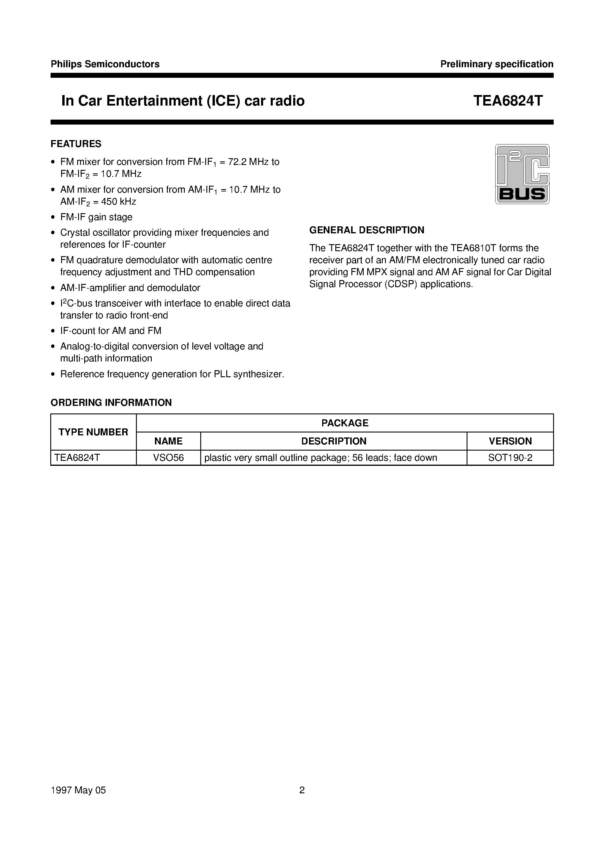 Даташит на микросхему TEA6824 страница 2 Даташит TEA6824 - In Car Entertainment ICE car radio страница 2