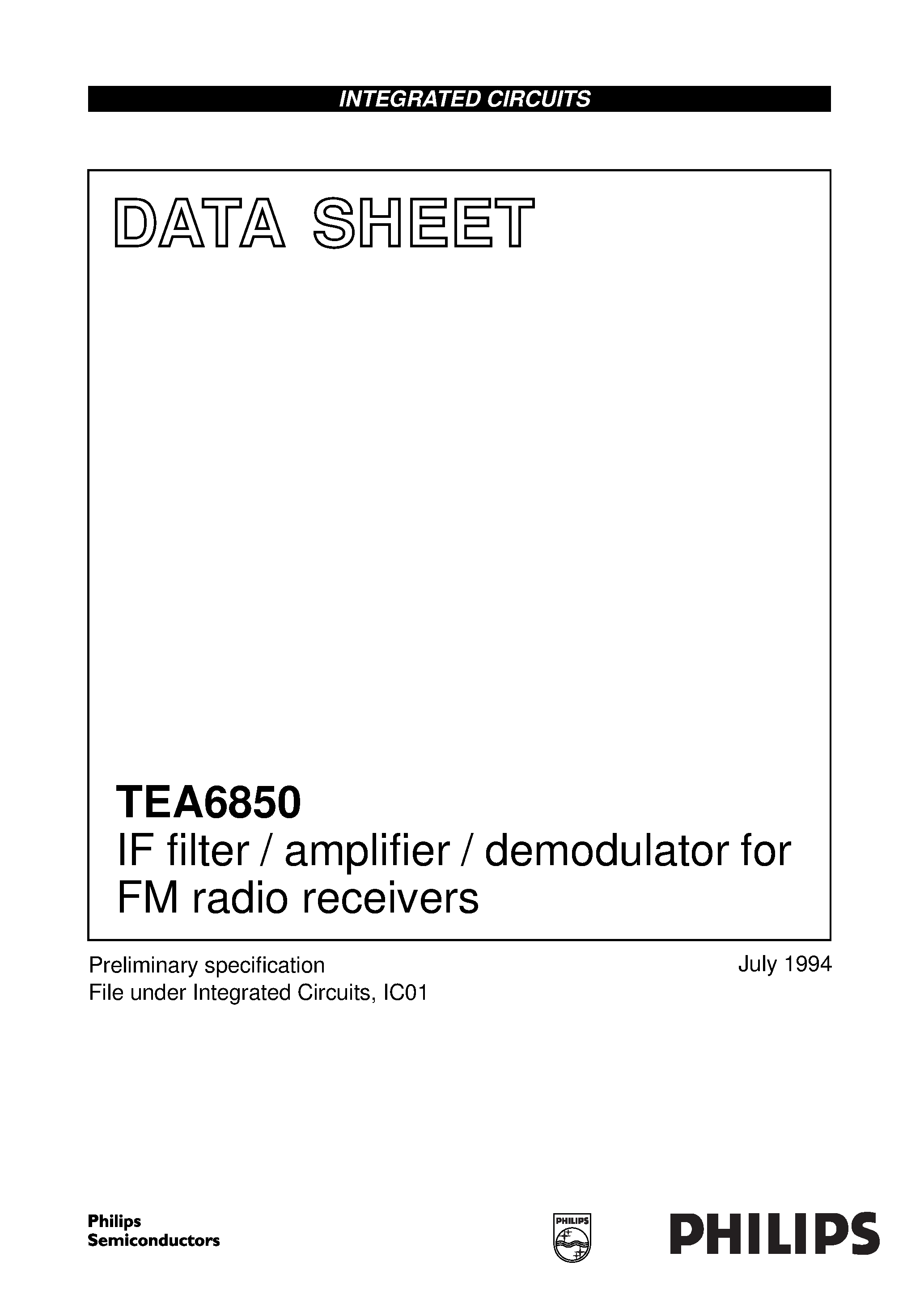 Даташит TEA6850 - IF filter / amplifier / demodulator for FM radio receivers страница 1