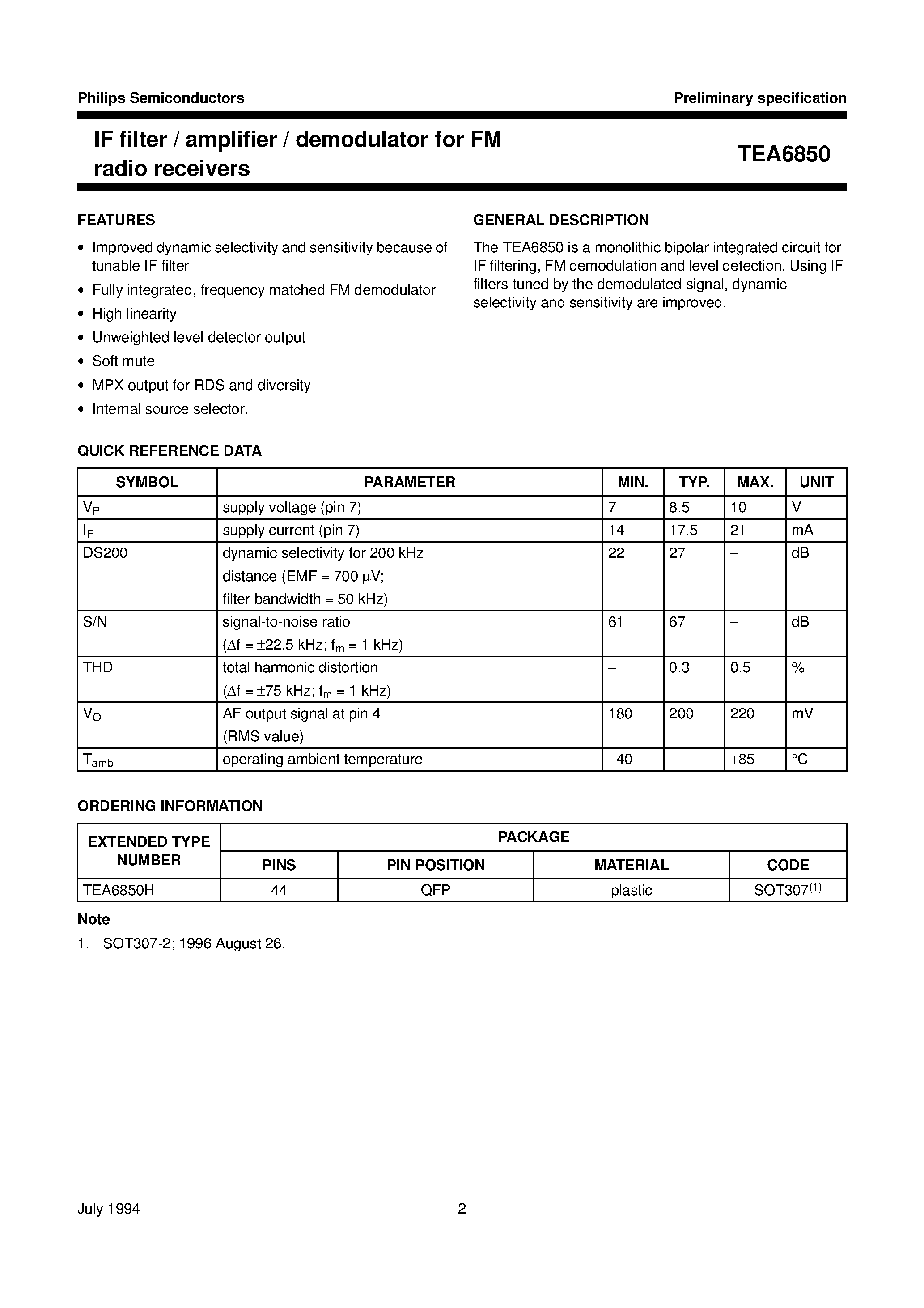 Datasheet TEA6850 - IF filter / amplifier / demodulator for FM radio receivers page 2