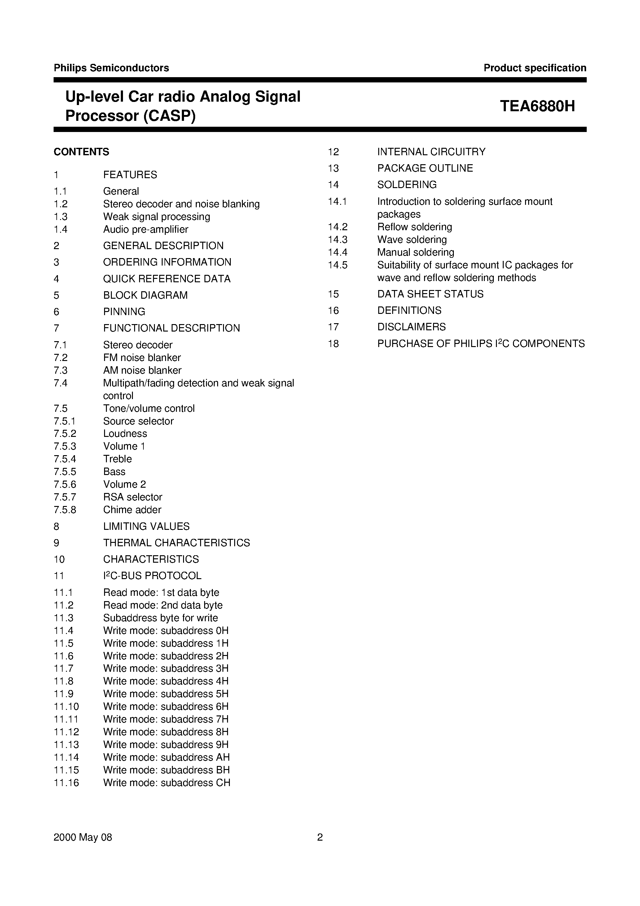 Datasheet TEA6880 - Up-level Car radio Analog Signal Processor CASP page 2