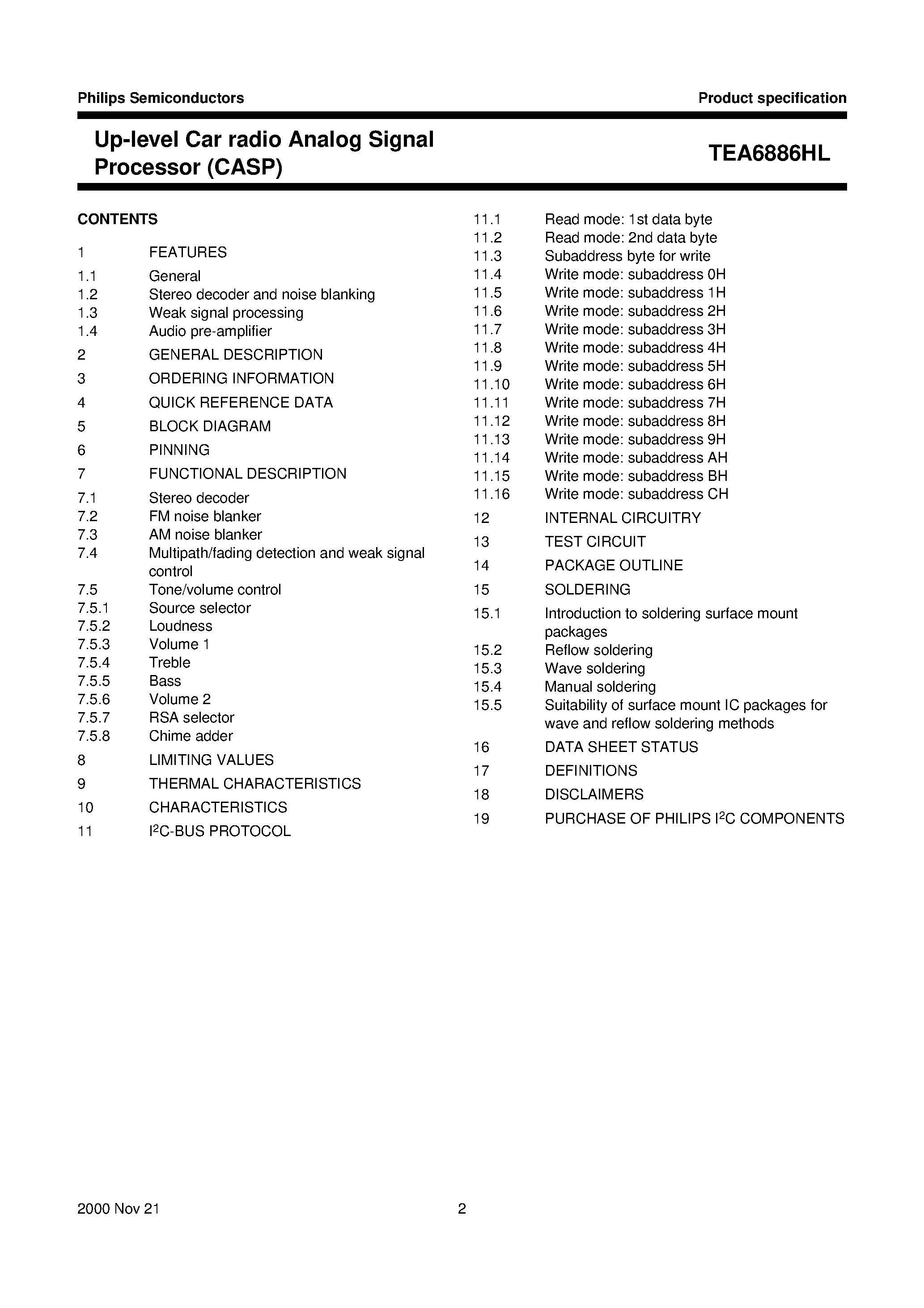 Datasheet TEA6886HL - Up-level Car radio Analog Signal Processor CASP page 2