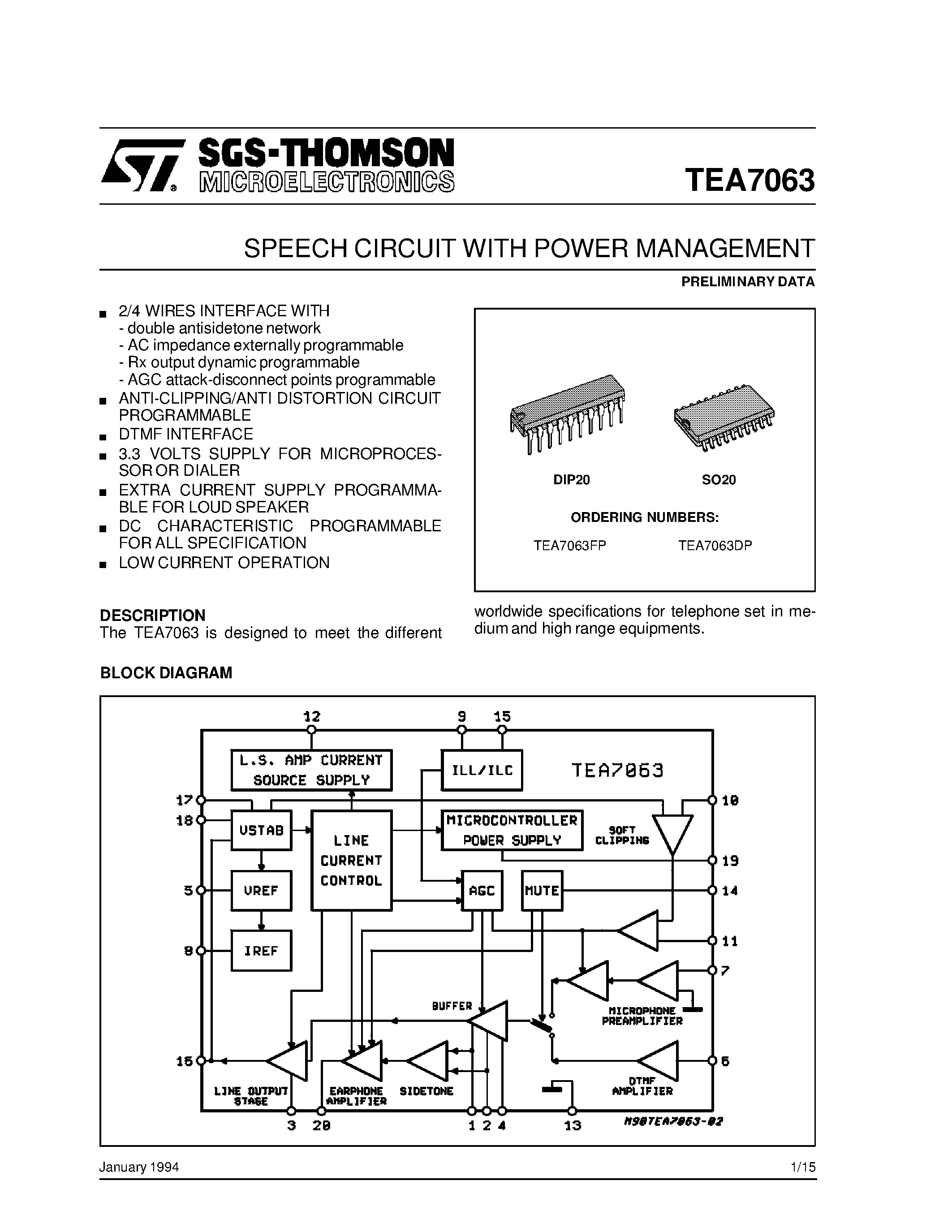 Даташит TEA7063 - SPEECH CIRCUIT WITH POWER MANAGEMENT страница 1