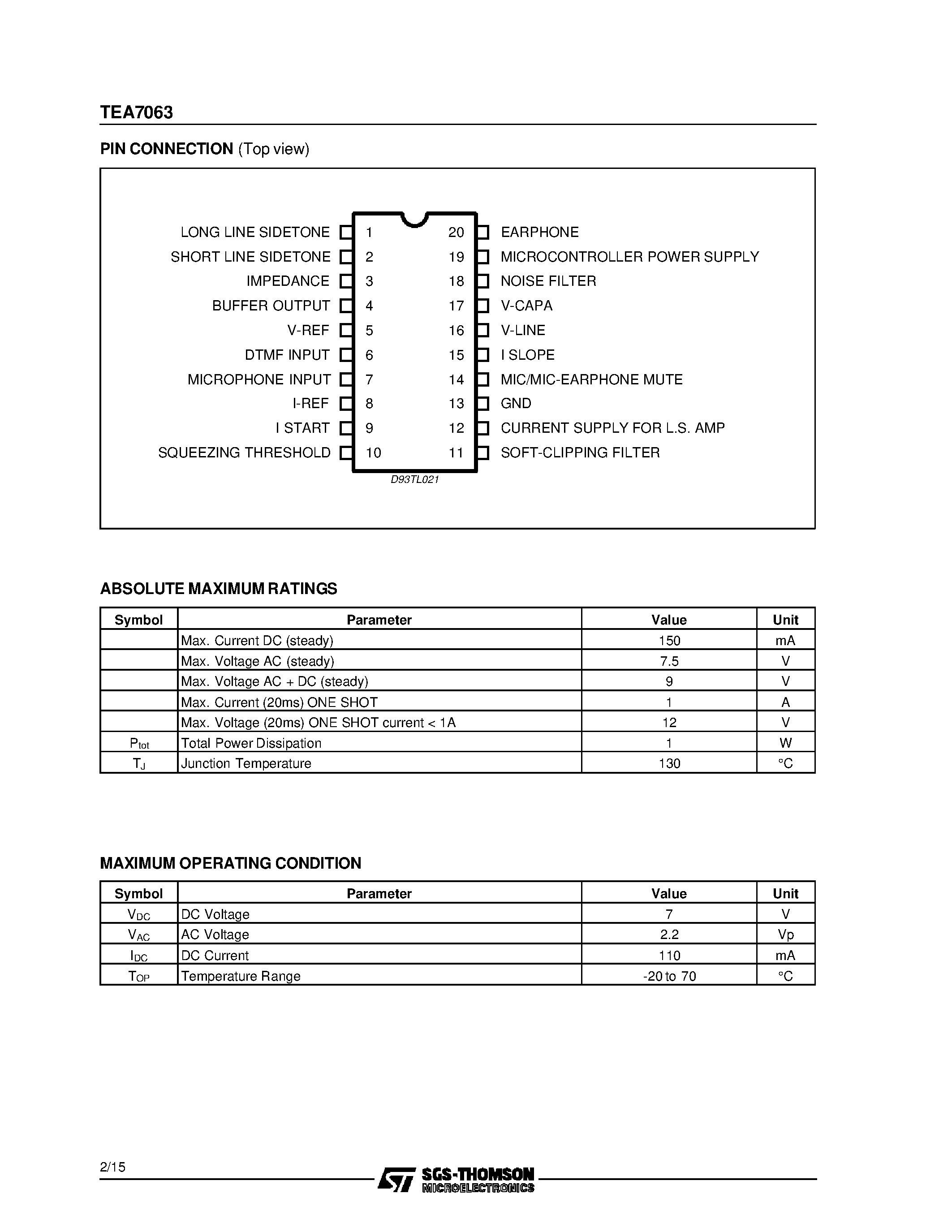 Datasheet TEA7063 - SPEECH CIRCUIT WITH POWER MANAGEMENT page 2