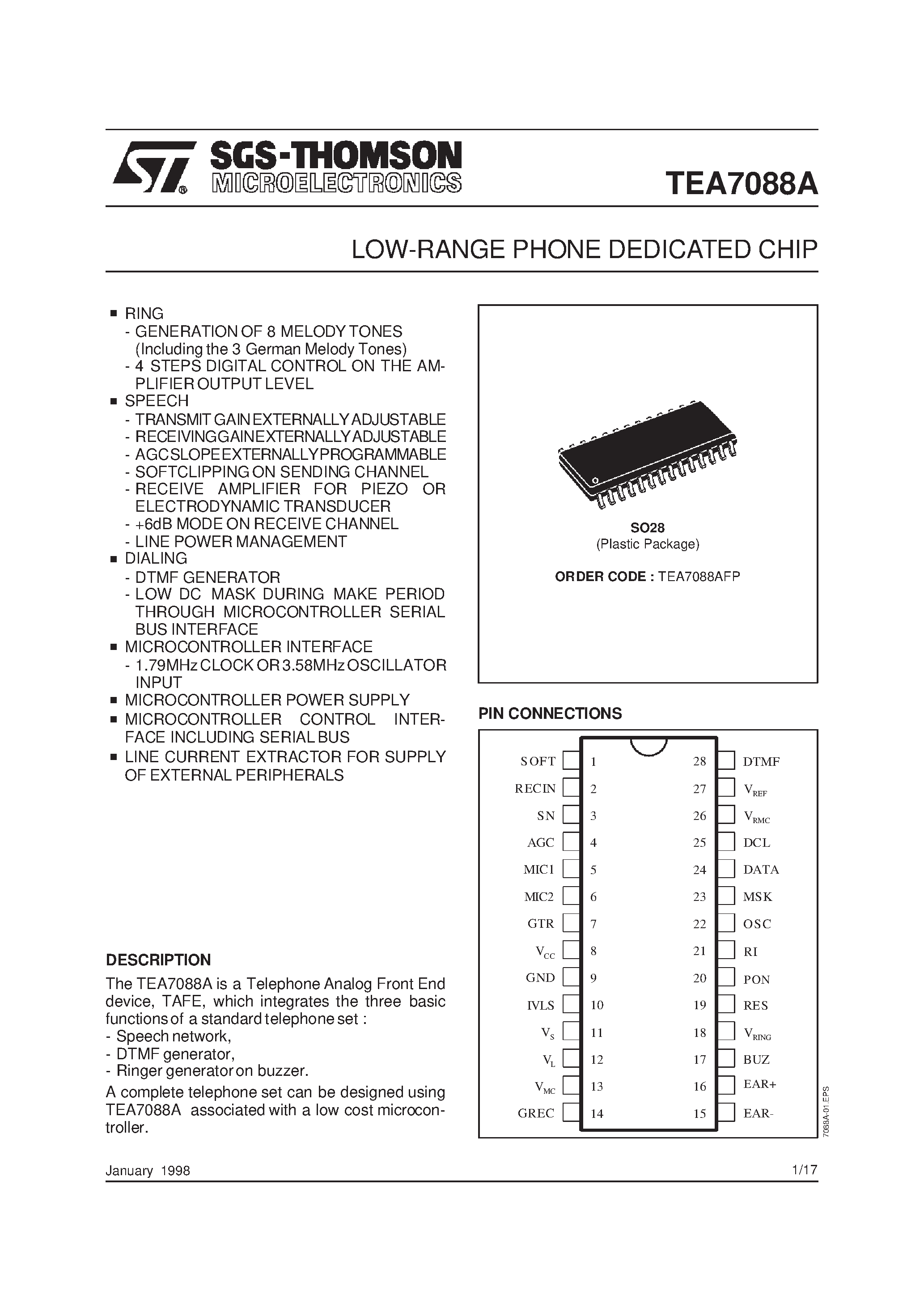 Даташит TEA7088A - LOW-RANGE PHONE DEDICATED CHIP страница 1