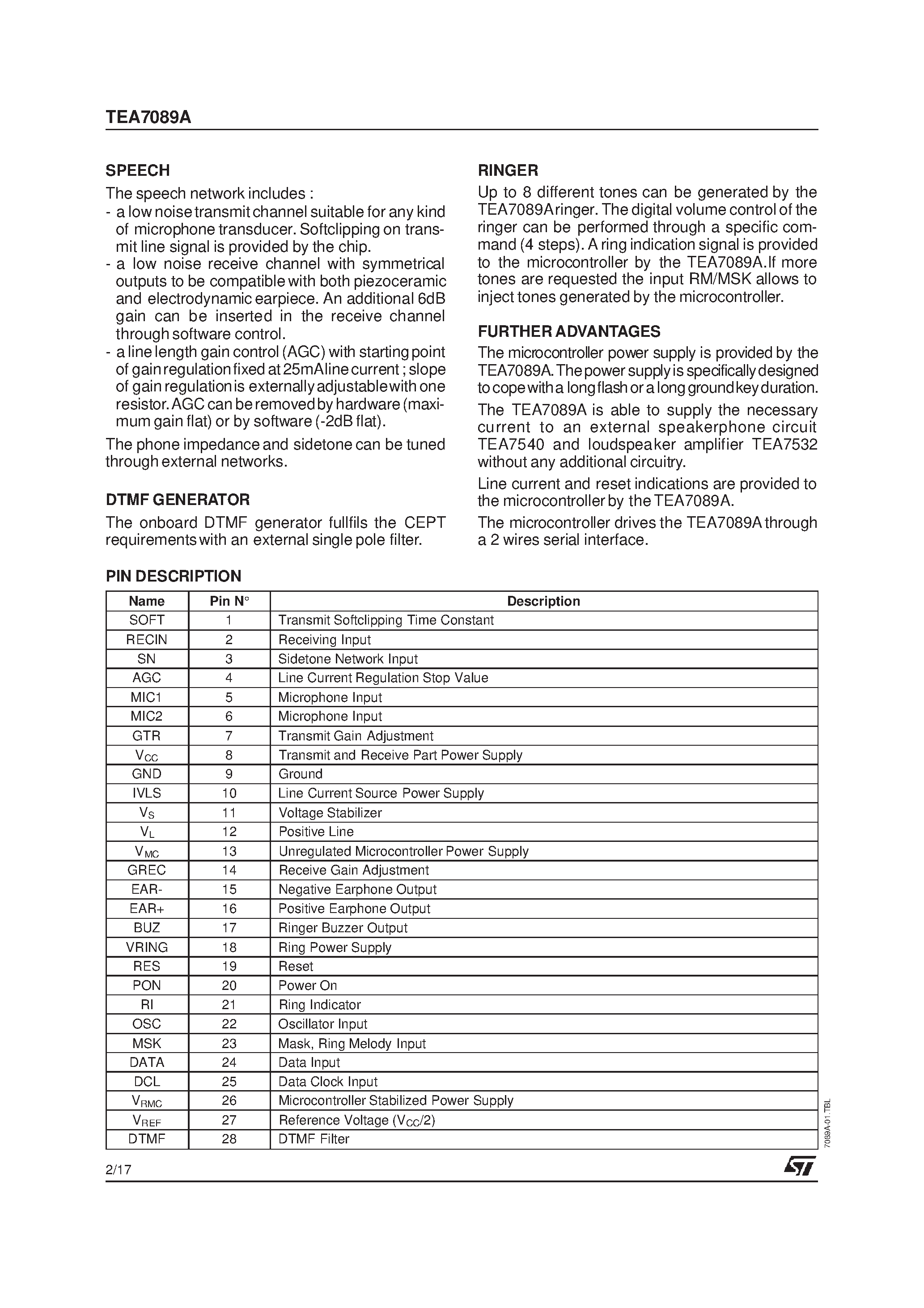 Datasheet TEA7089A - LOW-RANGE PHONE DEDICATED CHIP page 2