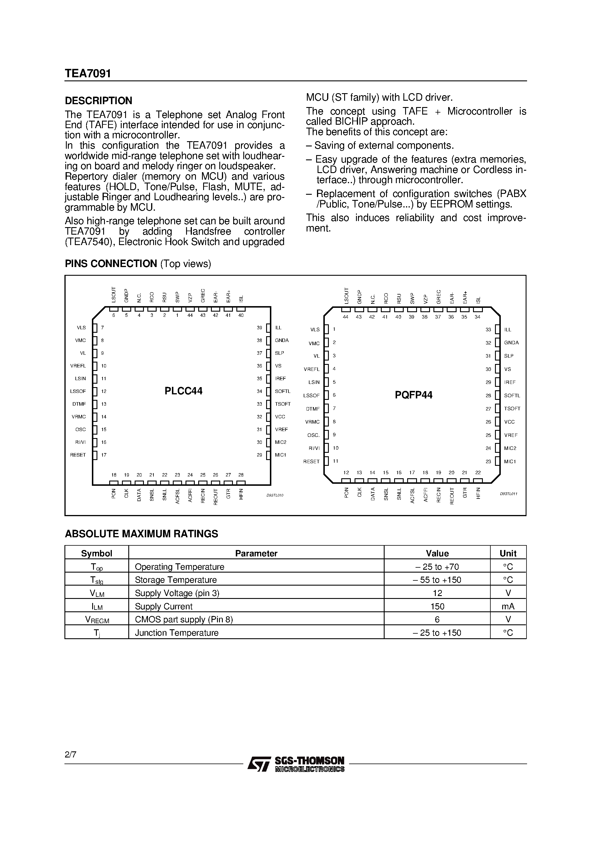 Даташит на микросхему TEA7091 страница 2 Даташит TEA7091 - TELEPHONE ANALOG FRONT END страница 2