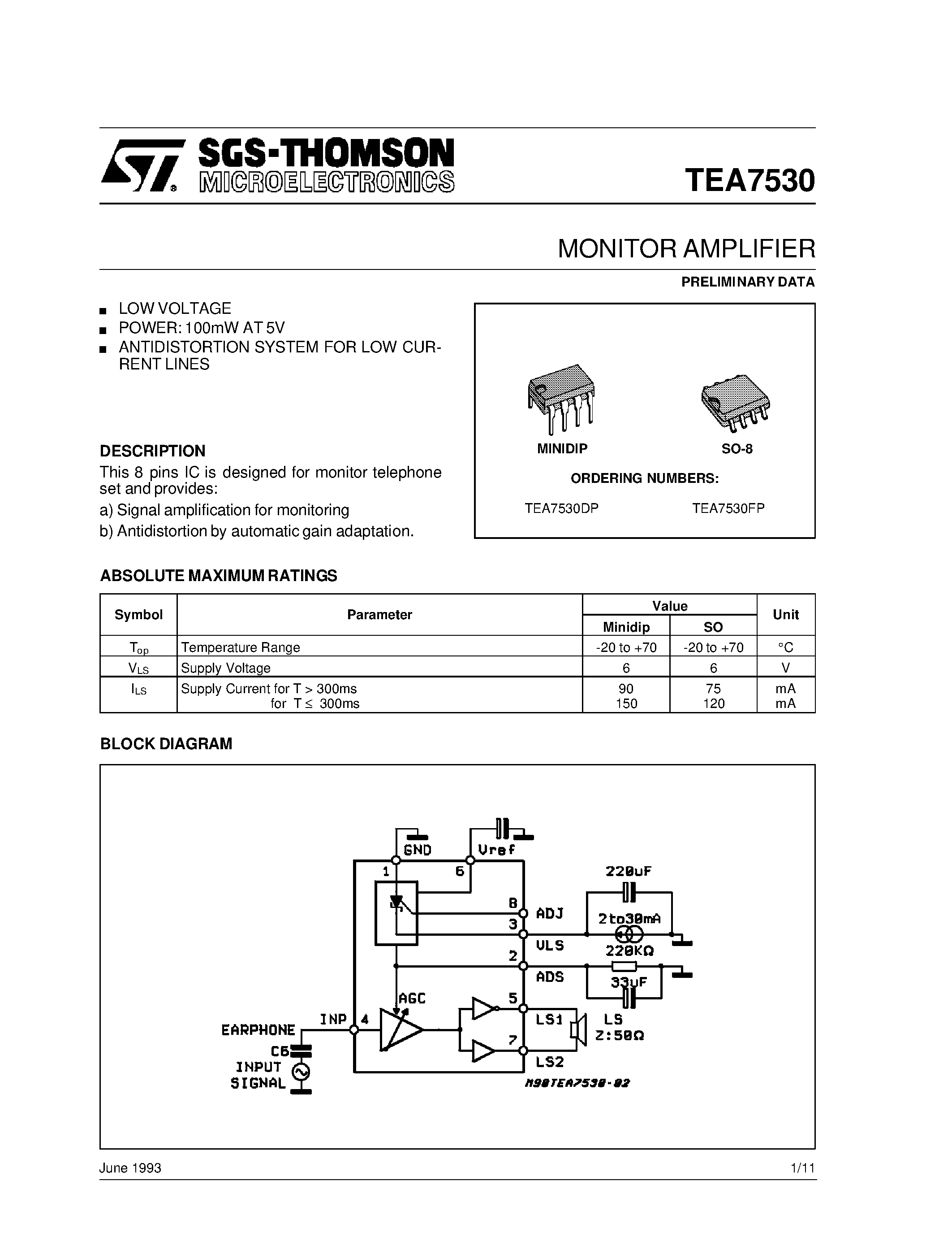 Datasheet TEA7530 - MONITOR AMPLIFIER page 1