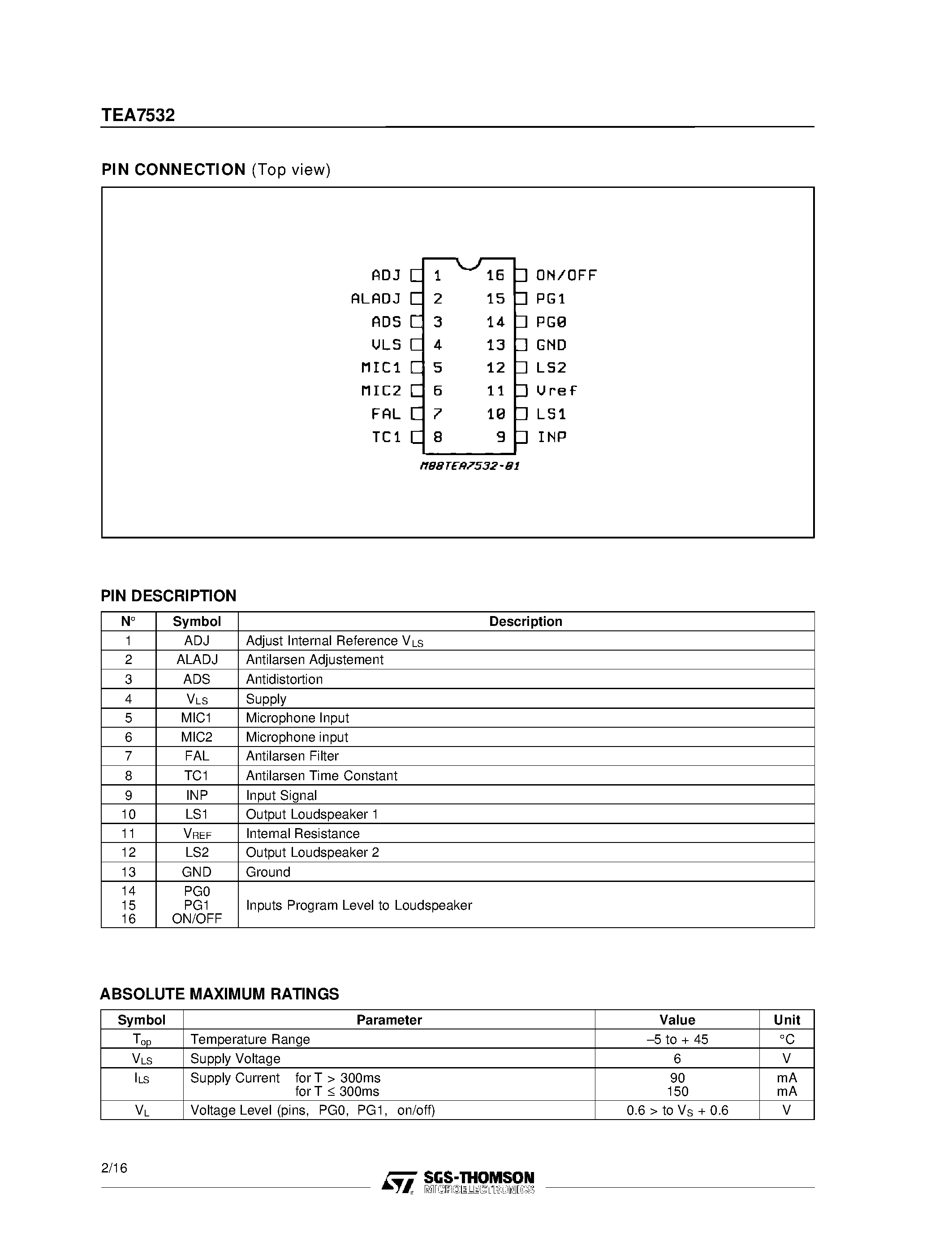 Datasheet TEA7532 page 2 Datasheet TEA7532 - MONITOR AMPLIFIER page 2