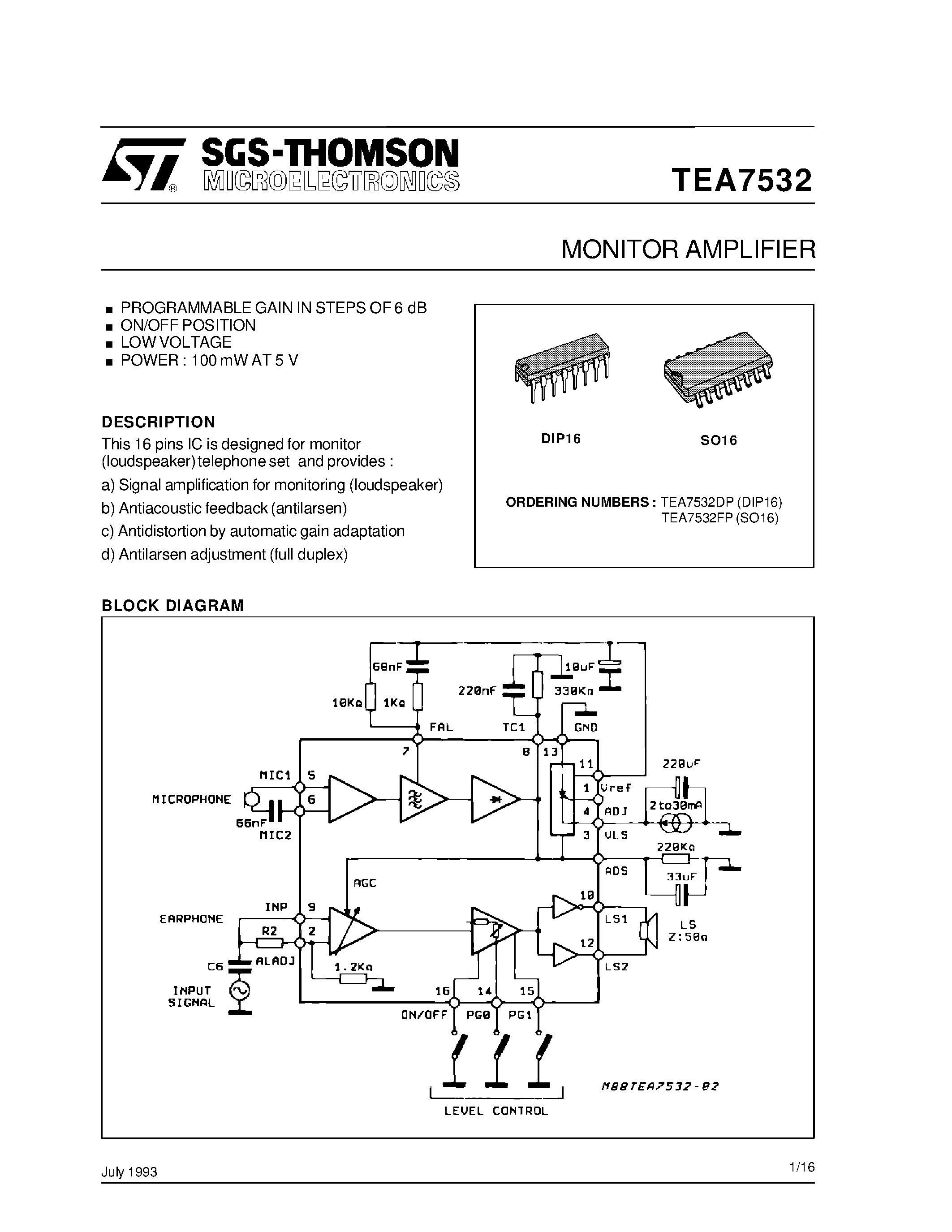 Datasheet TEA7532DP page 1 Datasheet TEA7532DP - MONITOR AMPLIFIER page 1