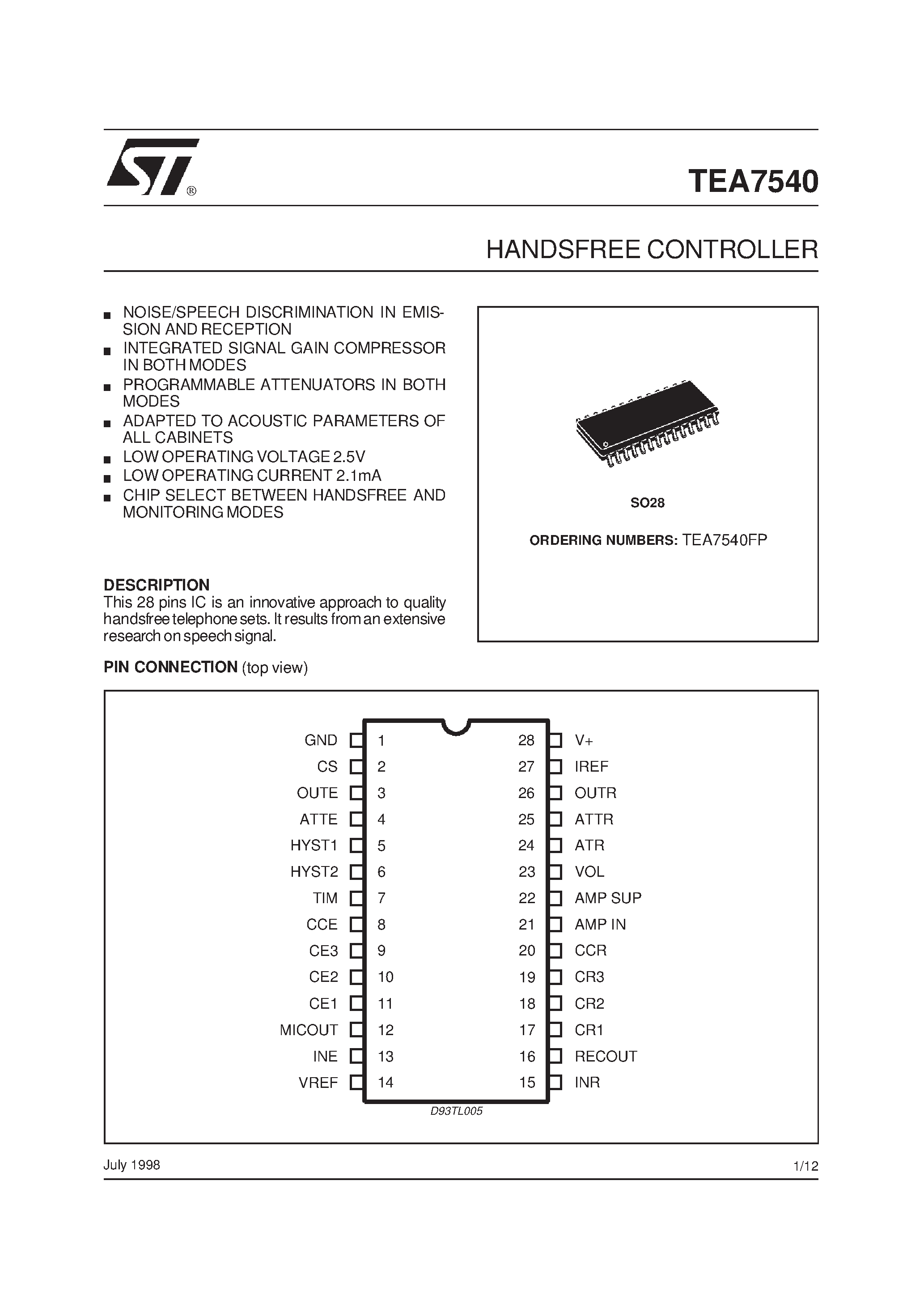 Datasheet TEA7540FP page 1 Datasheet TEA7540FP - HANDSFREE CONTROLLER page 1