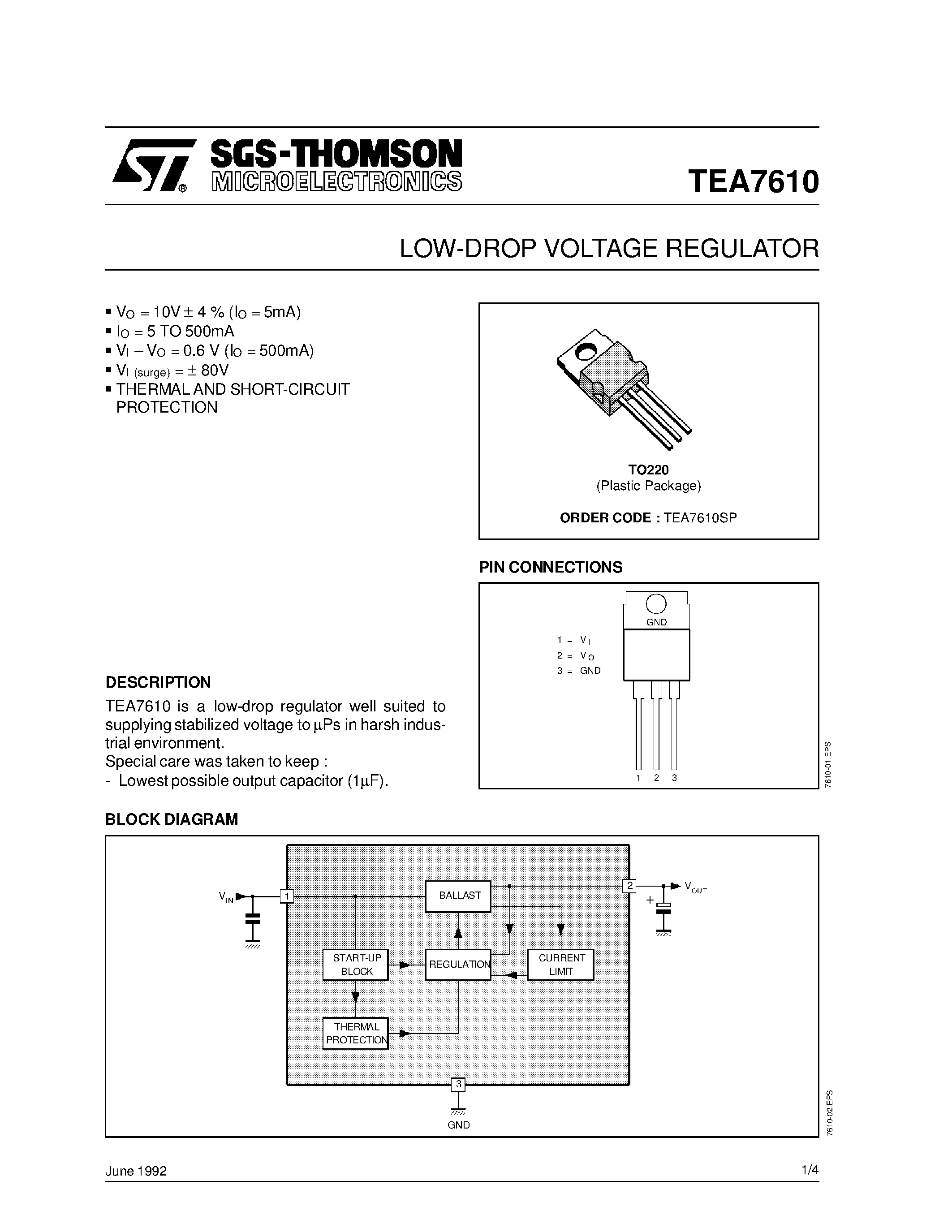 Datasheet TEA7610SP page 1 Datasheet TEA7610SP - LOW-DROP VOLTAGE REGULATOR page 1