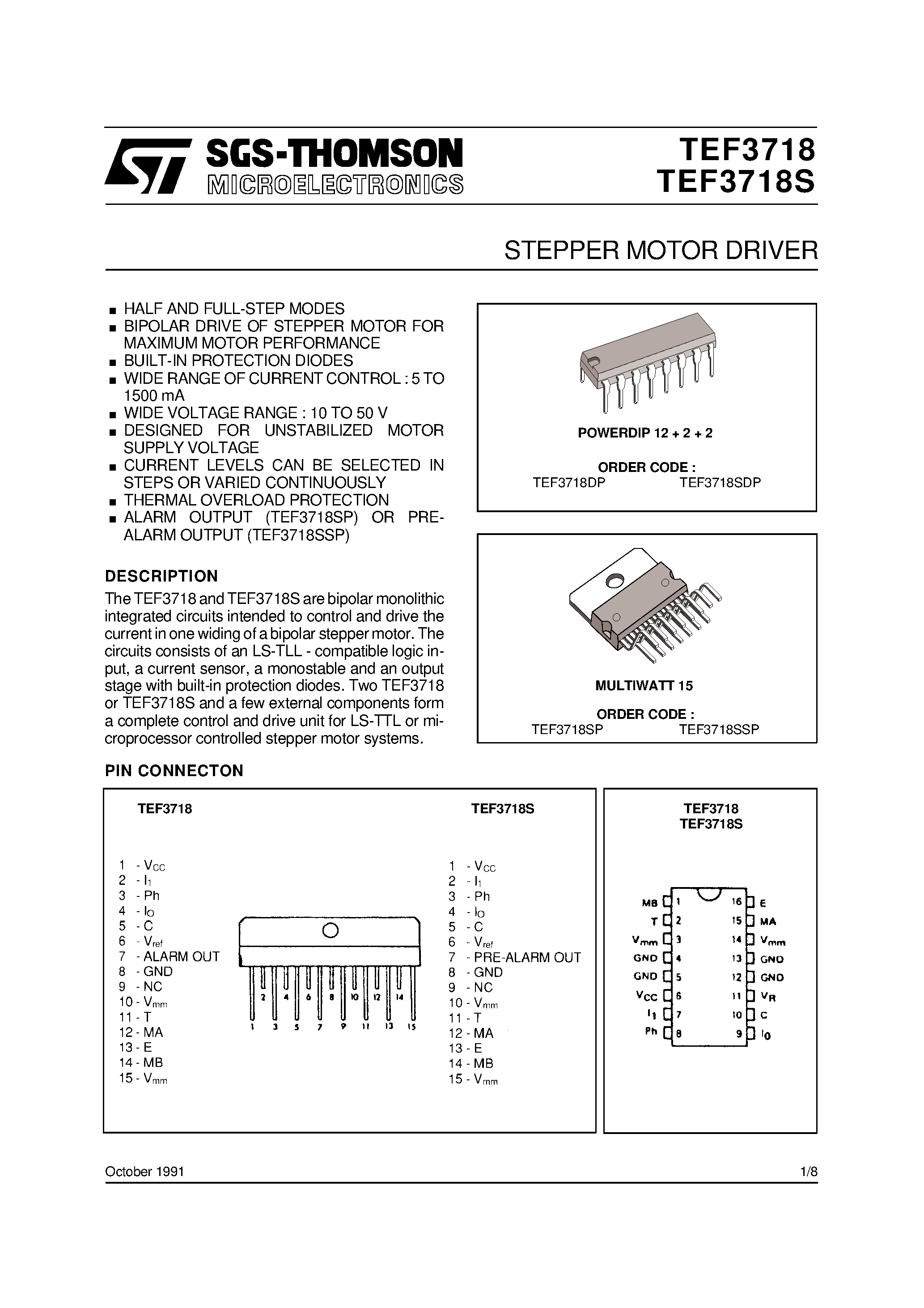 Даташит TEF3718SSP - STEPPER MOTOR DRIVER страница 1