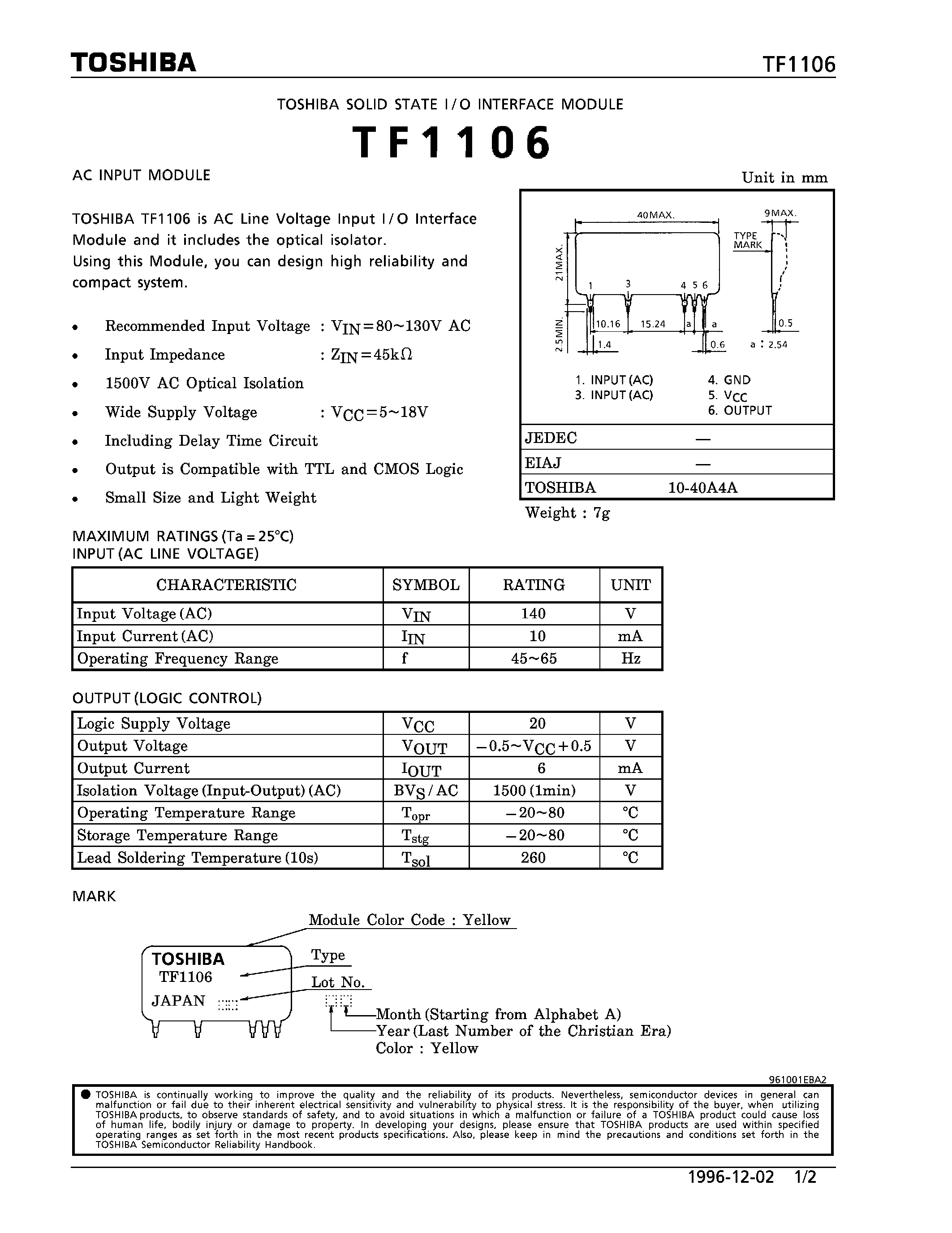 Даташит TF1106 - SOLID STATE I/O INTERFACE MODULE (DC INPUT MODULE) страница 1