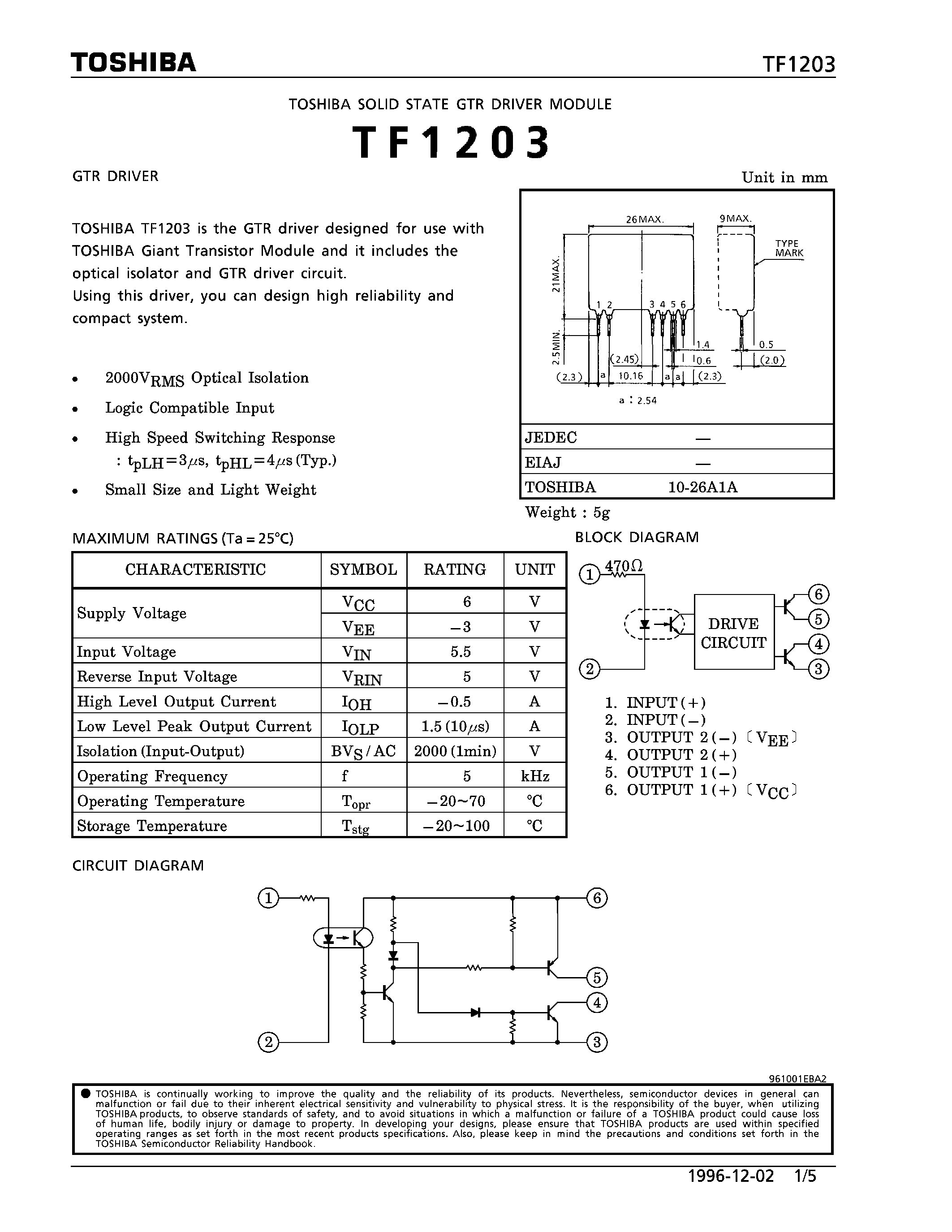 Datasheet TF1203 page 1 Datasheet TF1203 - SOLID STATE GTR DRIVER MODULE (GTR DRIVER) page 1