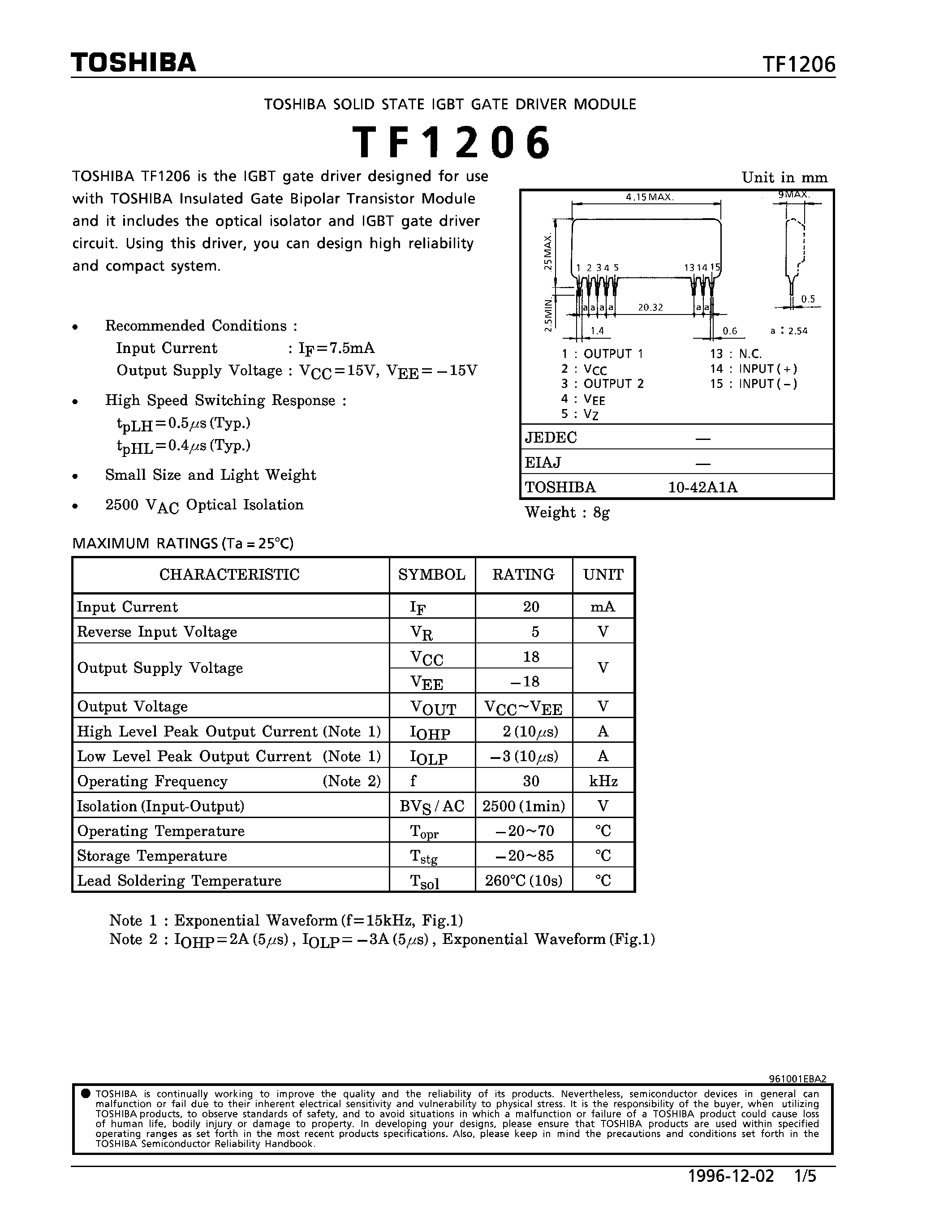 Datasheet TF1206 - SOLID STATE IGBT GATE DRIVER MODULE page 1
