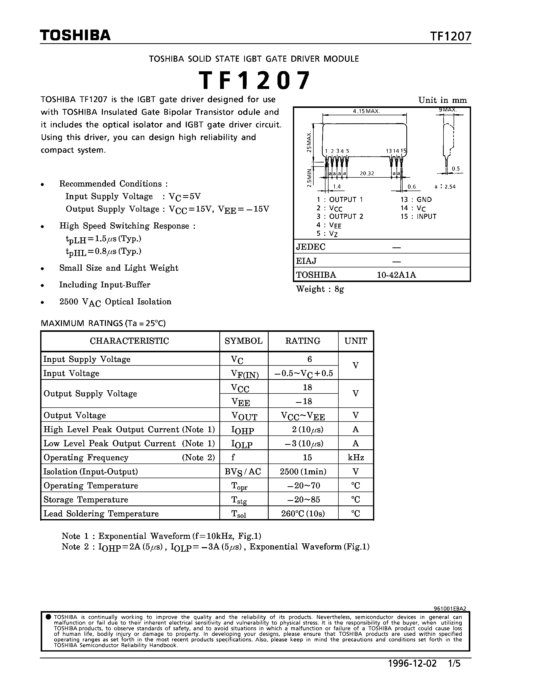Datasheet TF1207 - SOLID STATE IGBT GATE DRIVER MODULE page 1