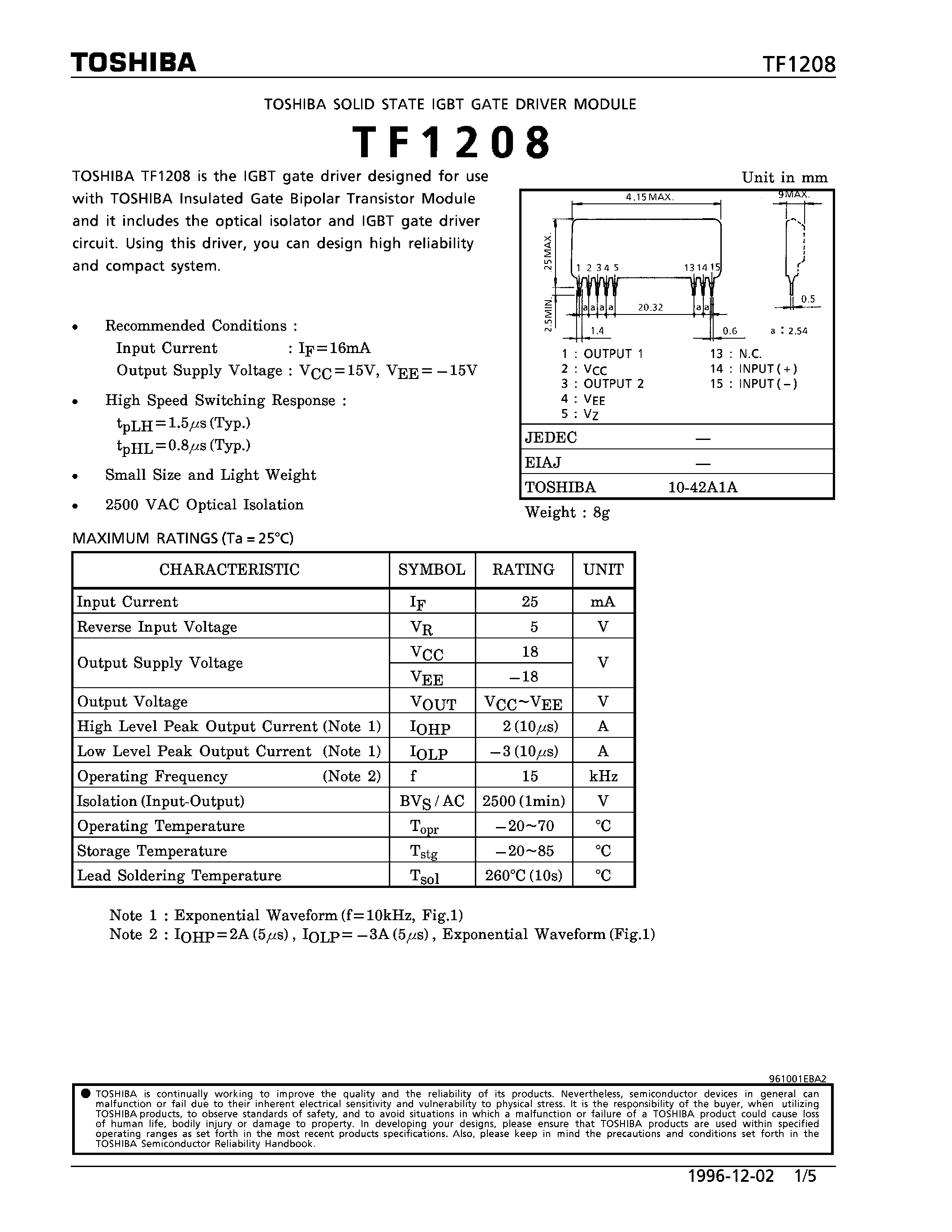 Datasheet TF1208 - SOLID STATE IGBT GATE DRIVER MODULE page 1