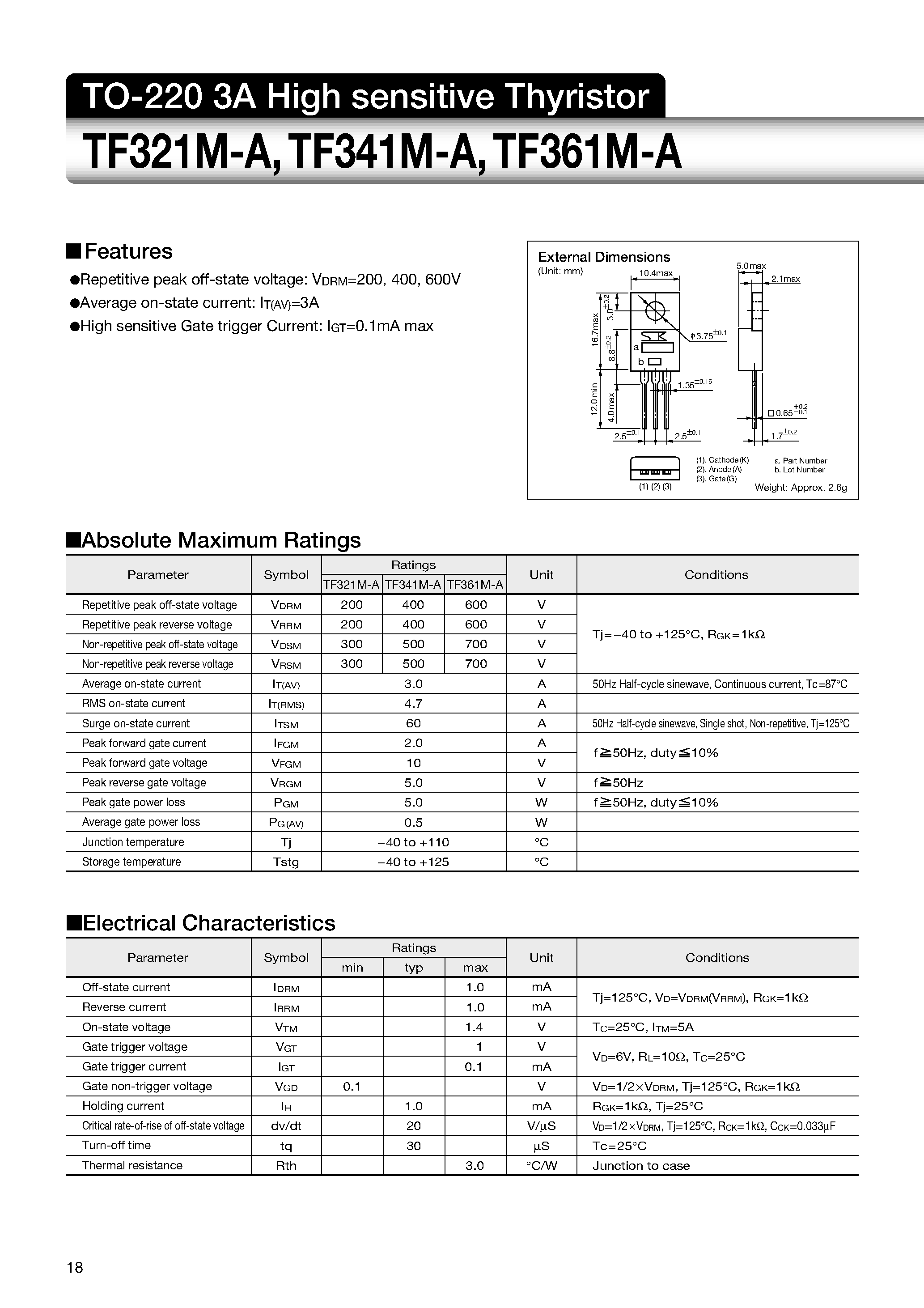 Datasheet TF321M-A - TO-220 3A High sensitive Thyristor page 1