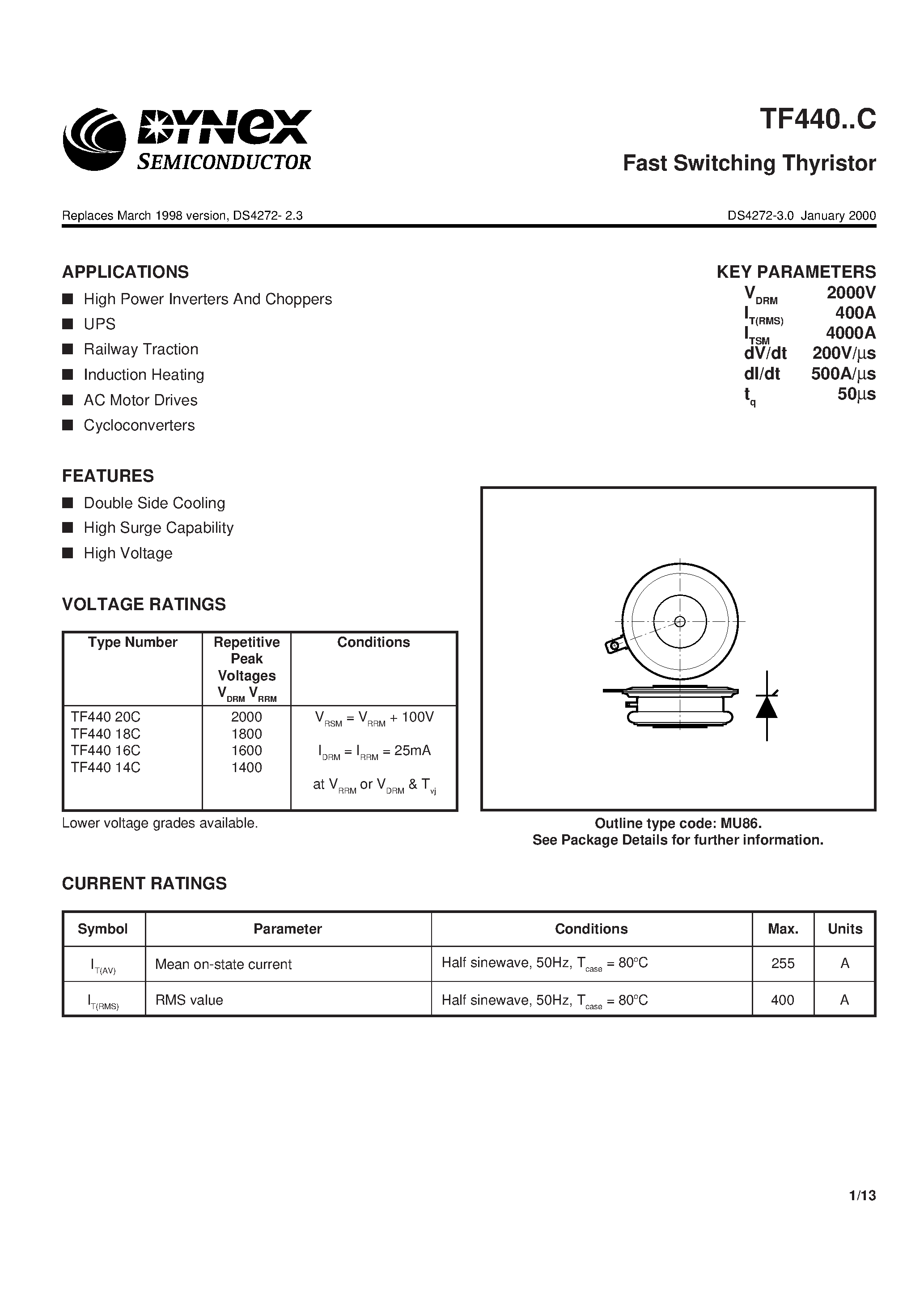 Datasheet TF44016C page 1 Datasheet TF44016C - Fast Switching Thyristor page 1