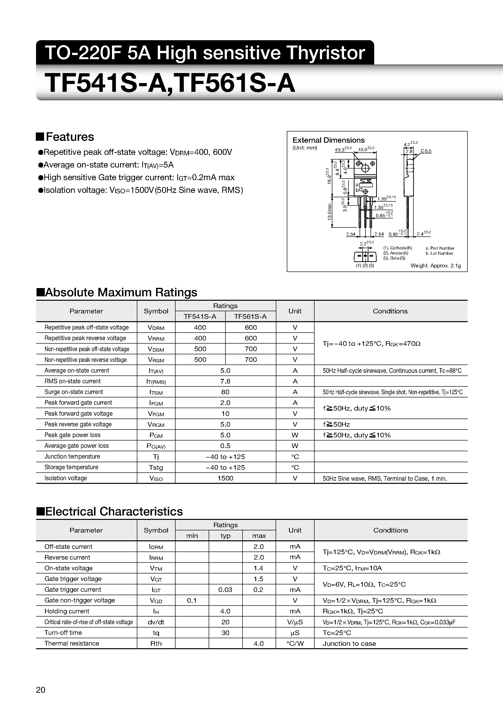Datasheet TF541S-A - TO-220F 5A High sensitive Thyristor page 1