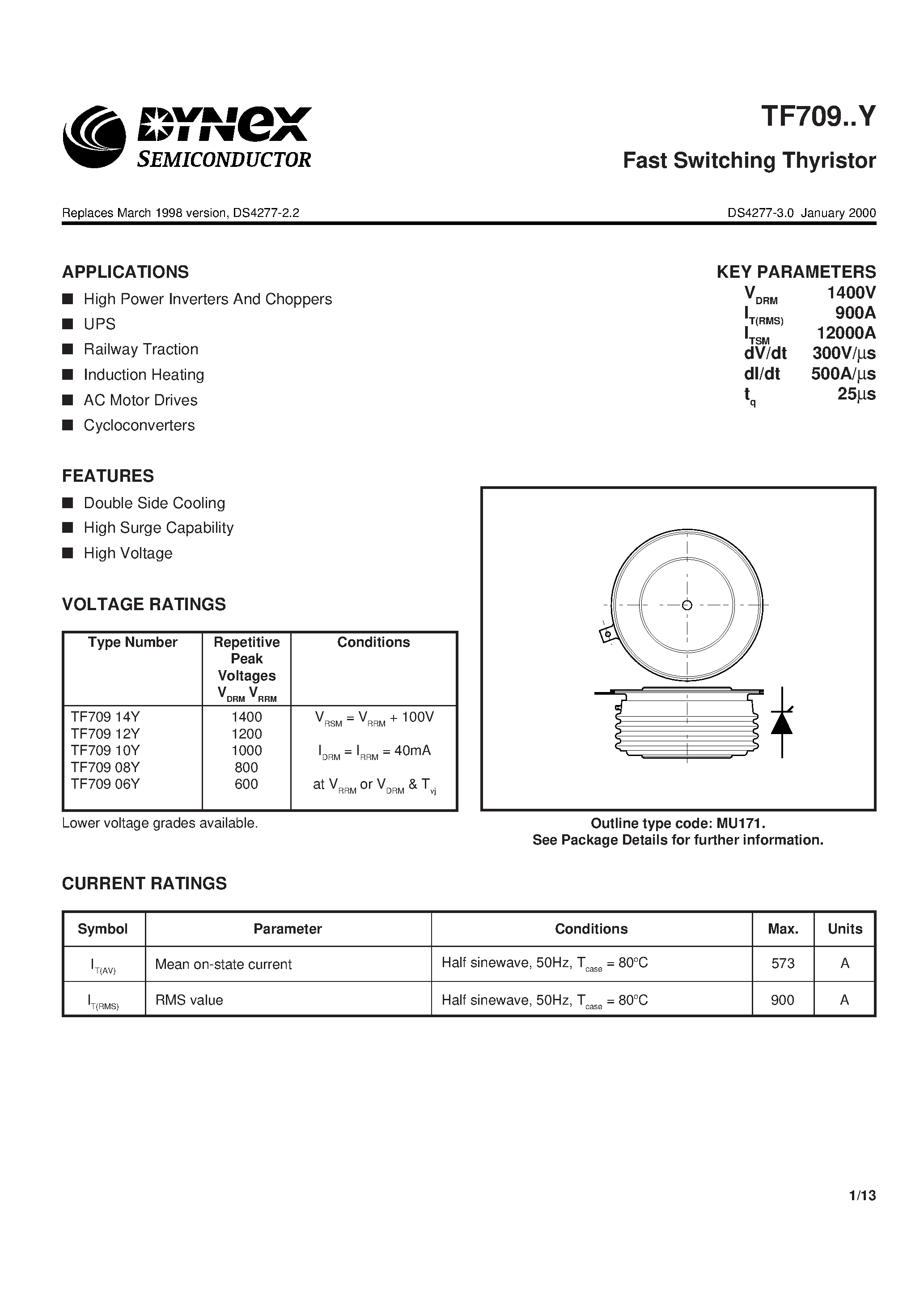 Datasheet TF70906Y - Fast Switching Thyristor page 1